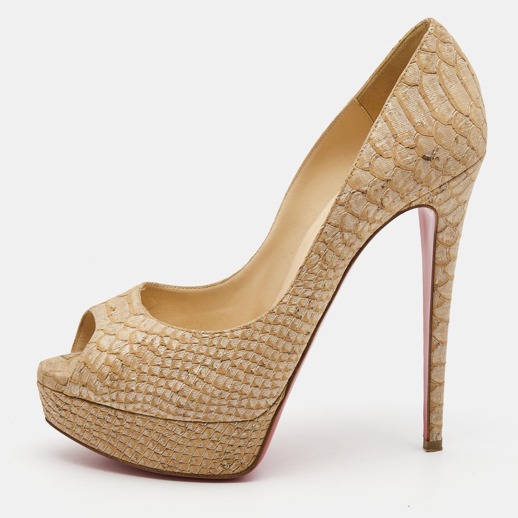 

Christian Louboutin Two Tone Python Embossed Leather Lady Peep Pumps Size, Beige