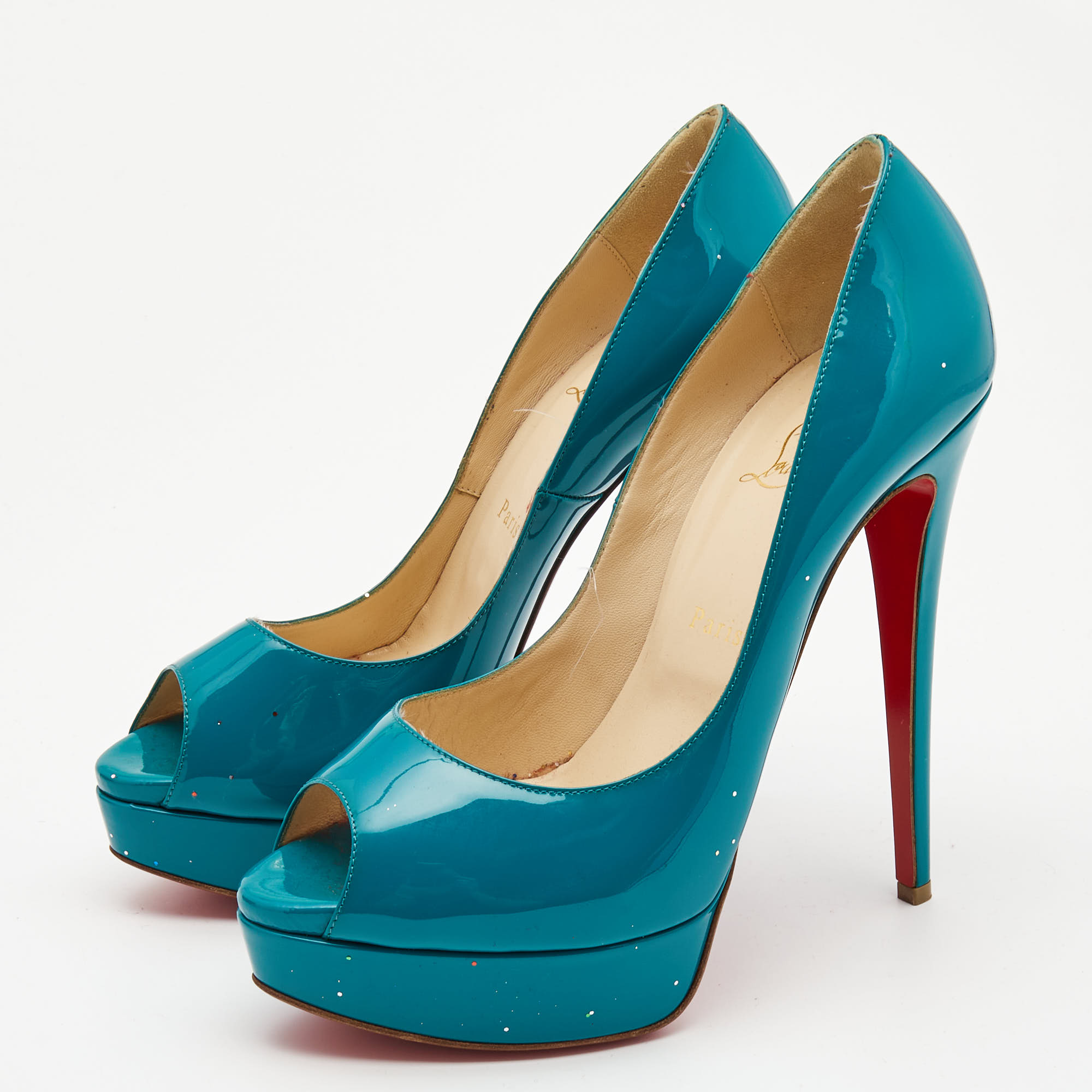 

Christian Louboutin Teal Green Patent Leather Lady Peep Pumps Size