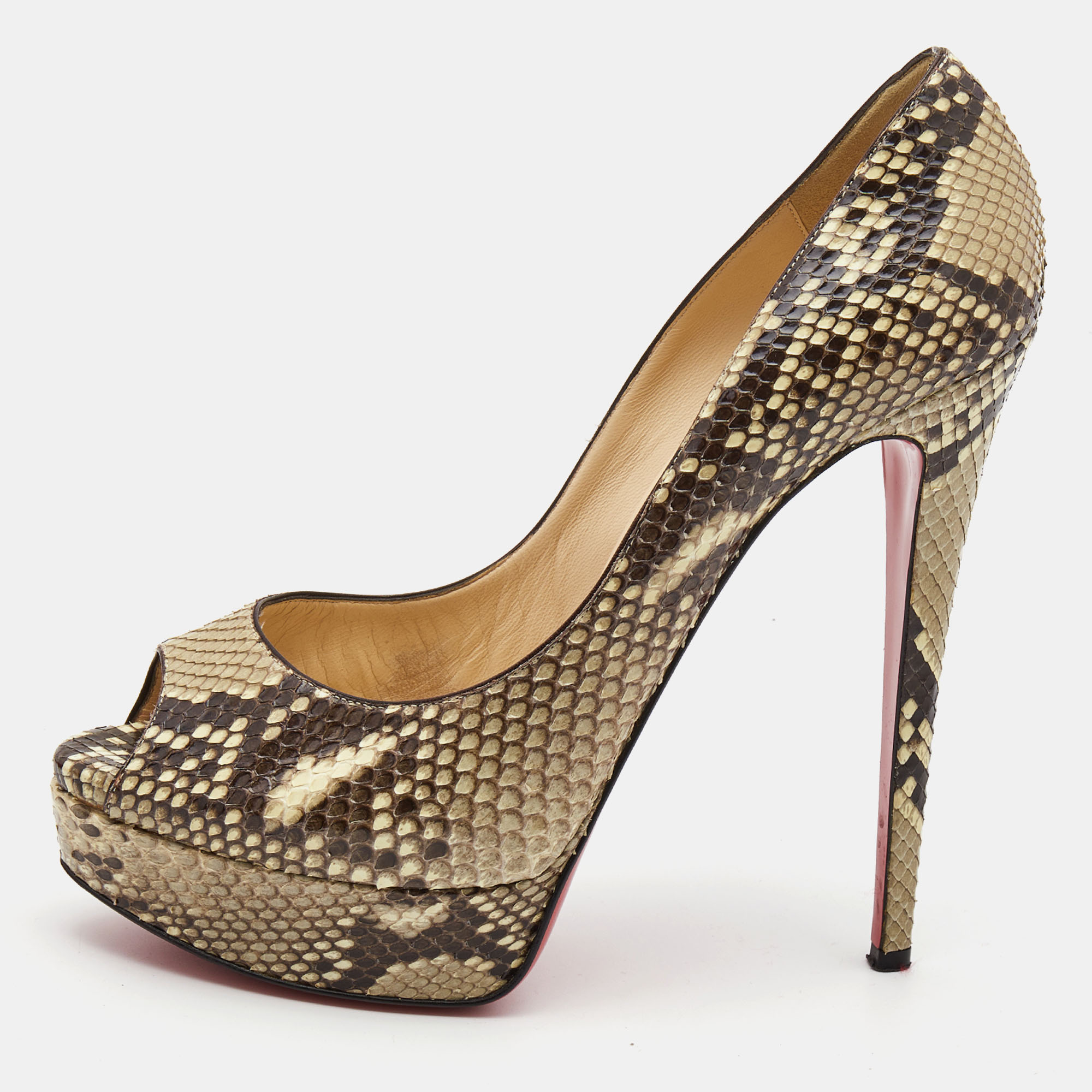 Pre-owned Christian Louboutin Two Tone Python Lady Peep Pumps Size 40 In Brown
