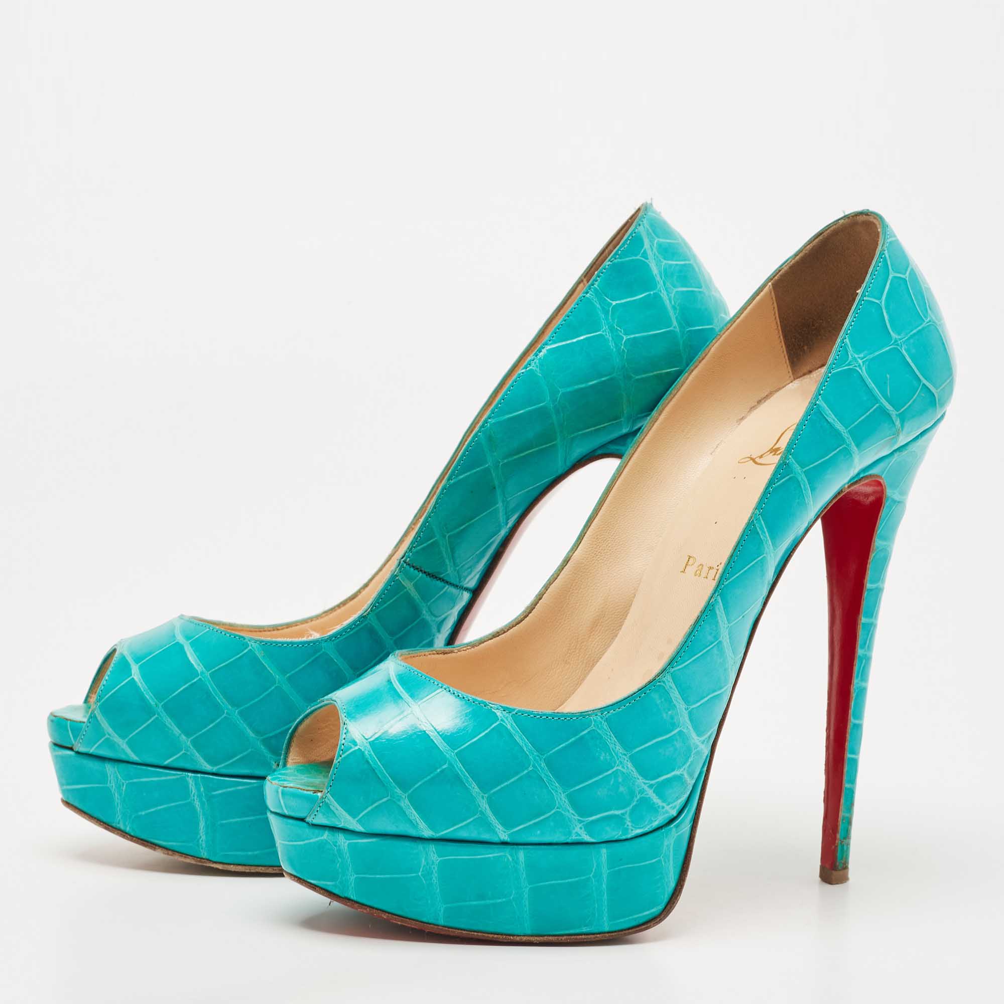 

Christian Louboutin Turquoise Crocodile Leather Lady Peep Pumps Size, Blue