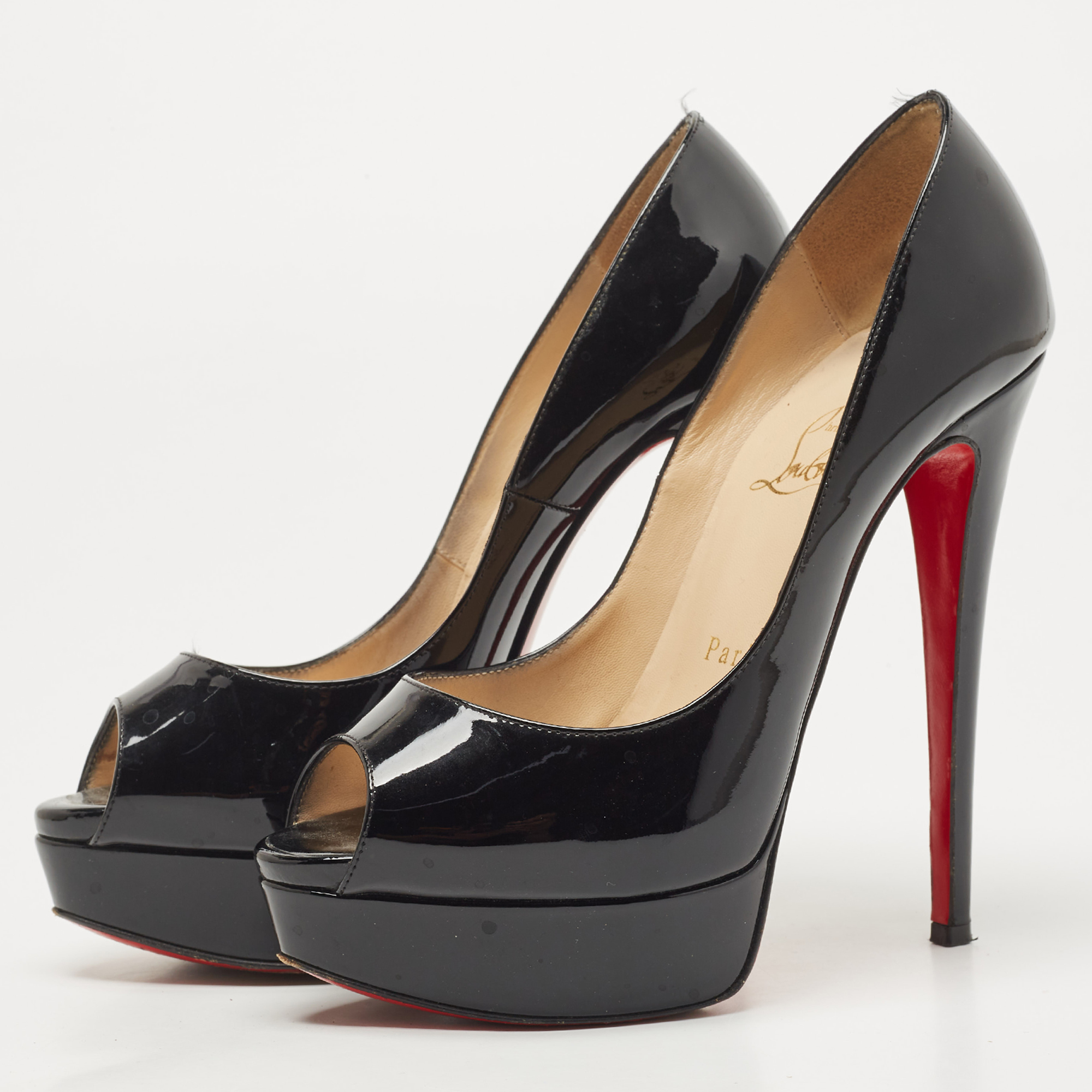 

Christian Louboutin Black Patent Leather Lady Peep Pumps Size