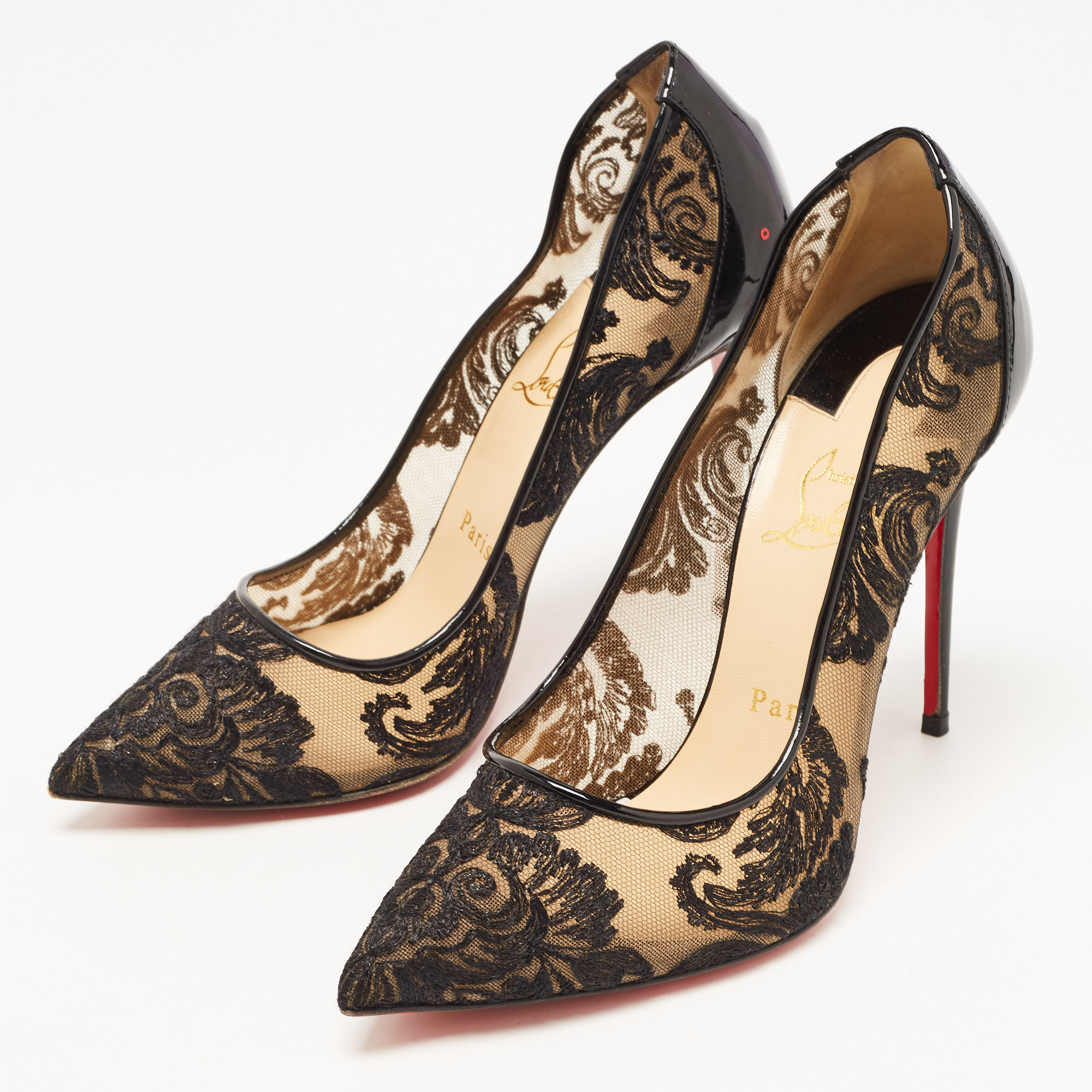 

Christian Louboutin Black Patent Leather and Lace Follies Pumps Size