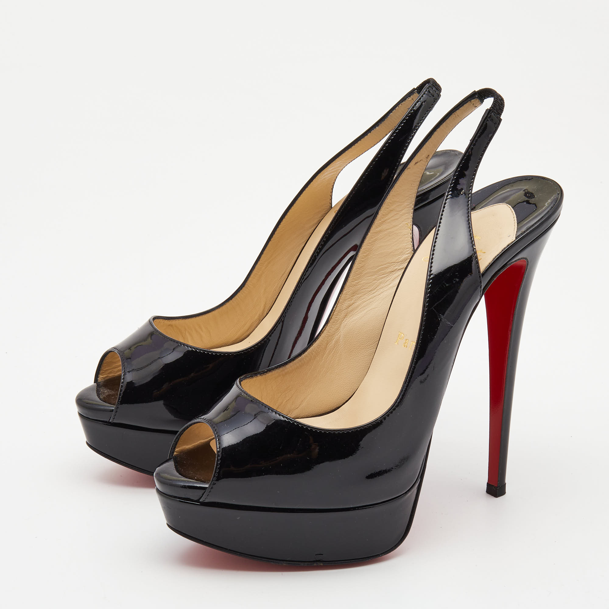 

Christian Louboutin Black Patent Lady Peep Sling Pumps Size