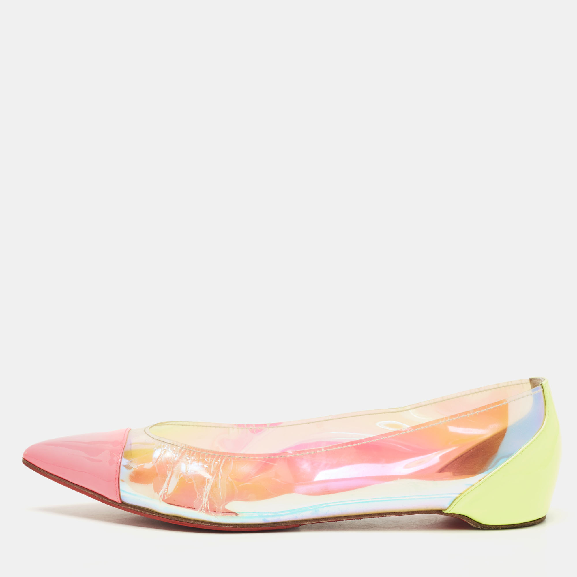 

Christian Louboutin Two Tone Patent Leather and Iridescent PVC Corbeau Ballet Flats Size, Pink
