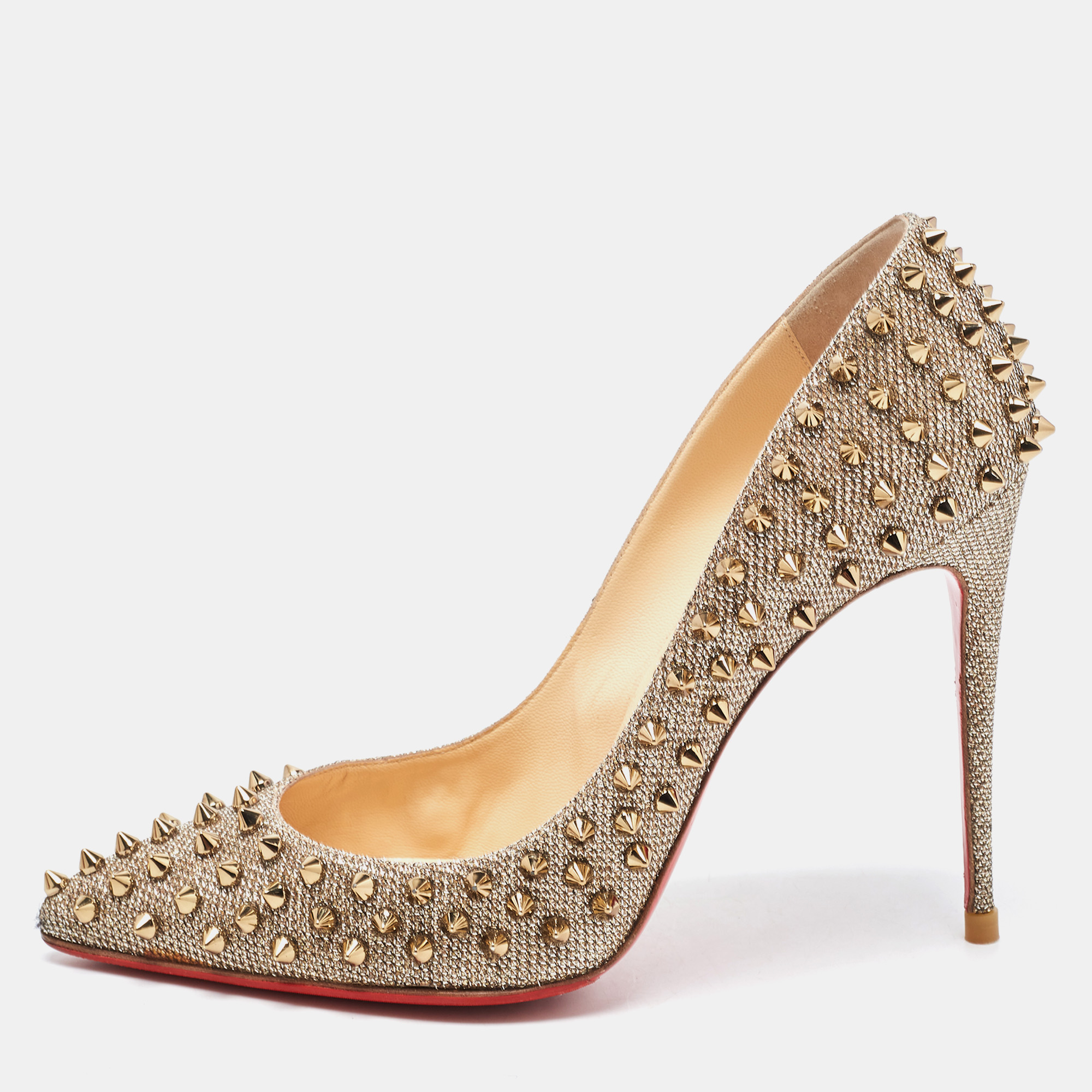 Click to view more detailed imagery on our partner's website Pre-owned Christian Louboutin Metallic Glitter Fabric Follies Spikes Pumps Size 40