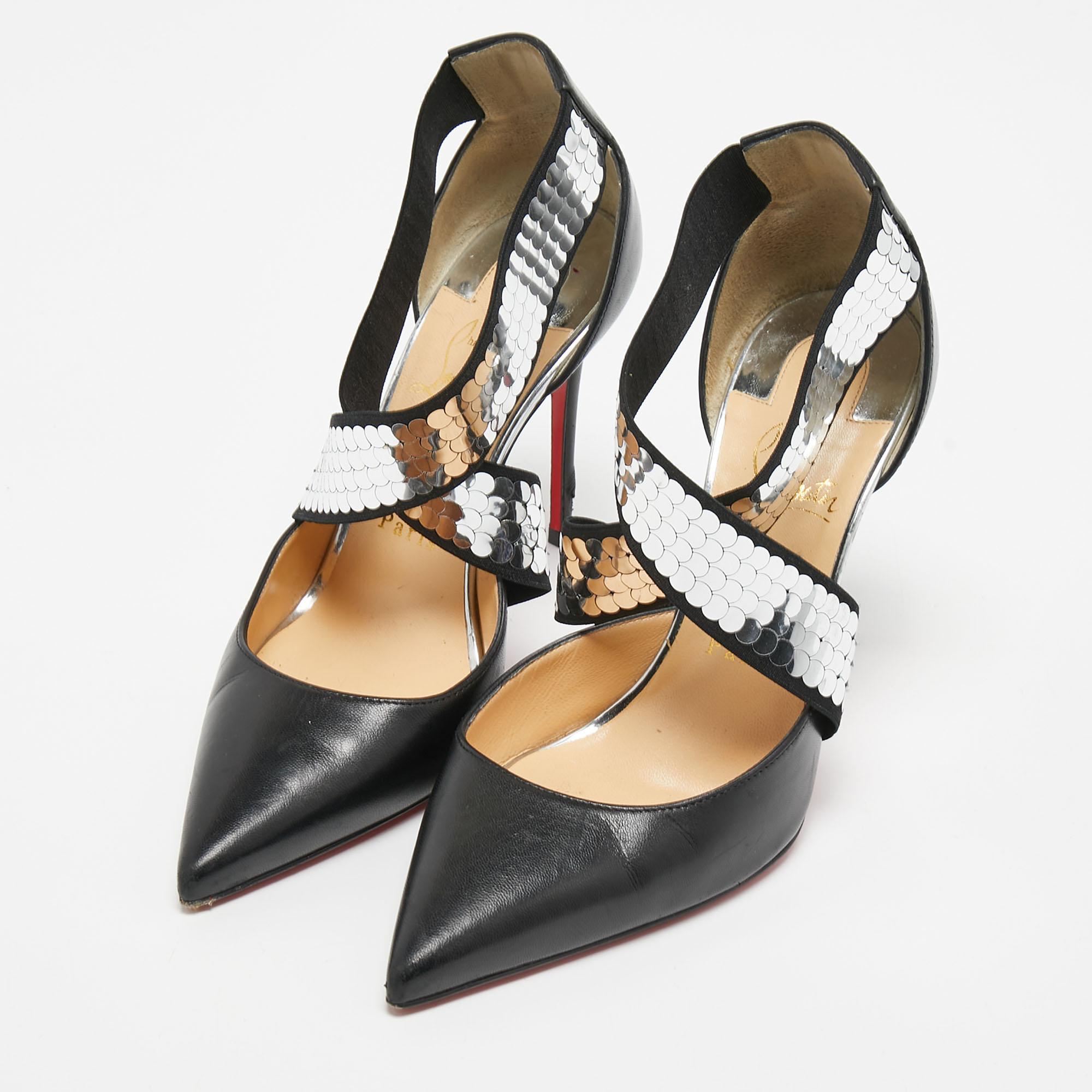 

Christian Louboutin Black Leather Jeres Cross Strap Pumps Size