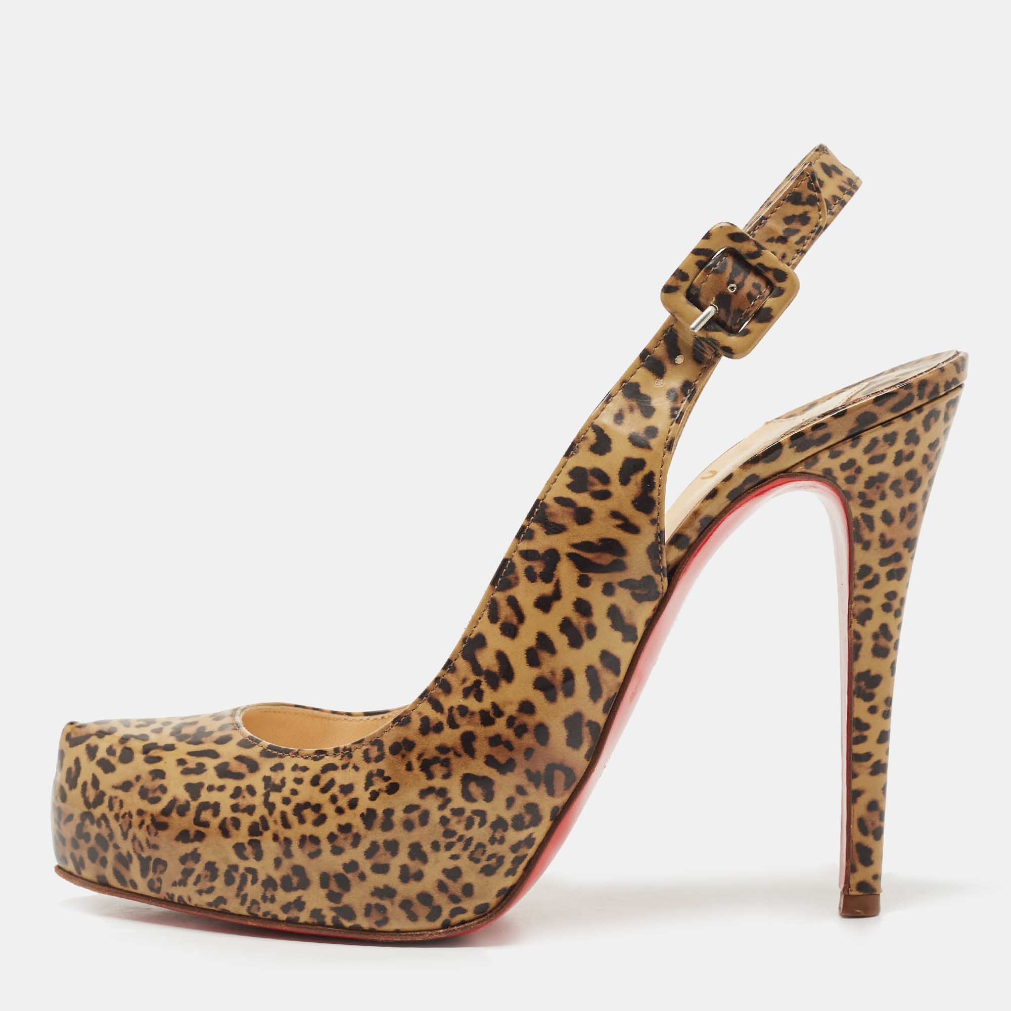 Pre-owned Christian Louboutin Brown/black Animal Print Leather Slingback Pumps Size 38.5