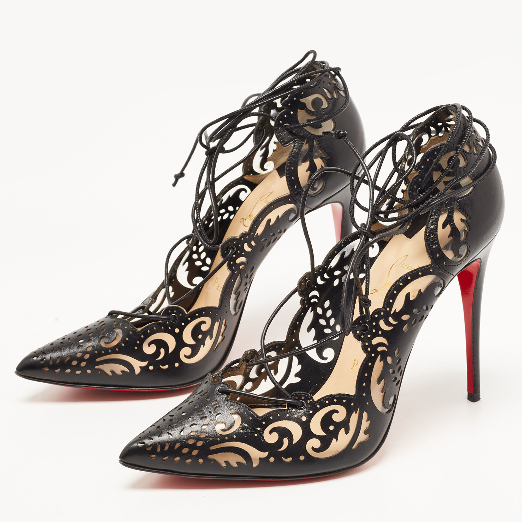 

Christian Louboutin Black Leather and PVC Impera Ankle Tie Pumps Size