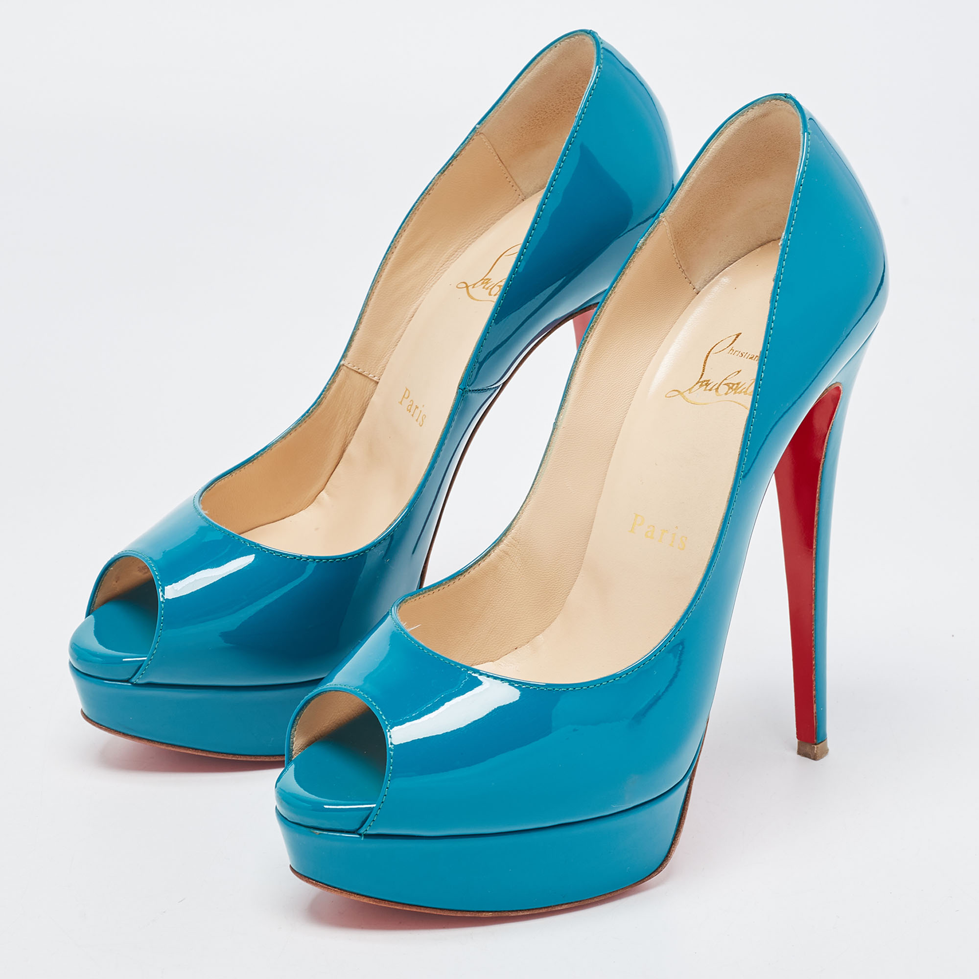 

Christian Louboutin Turquoise Patent Leather Lady Peep Toe Platform Pumps Size, Blue