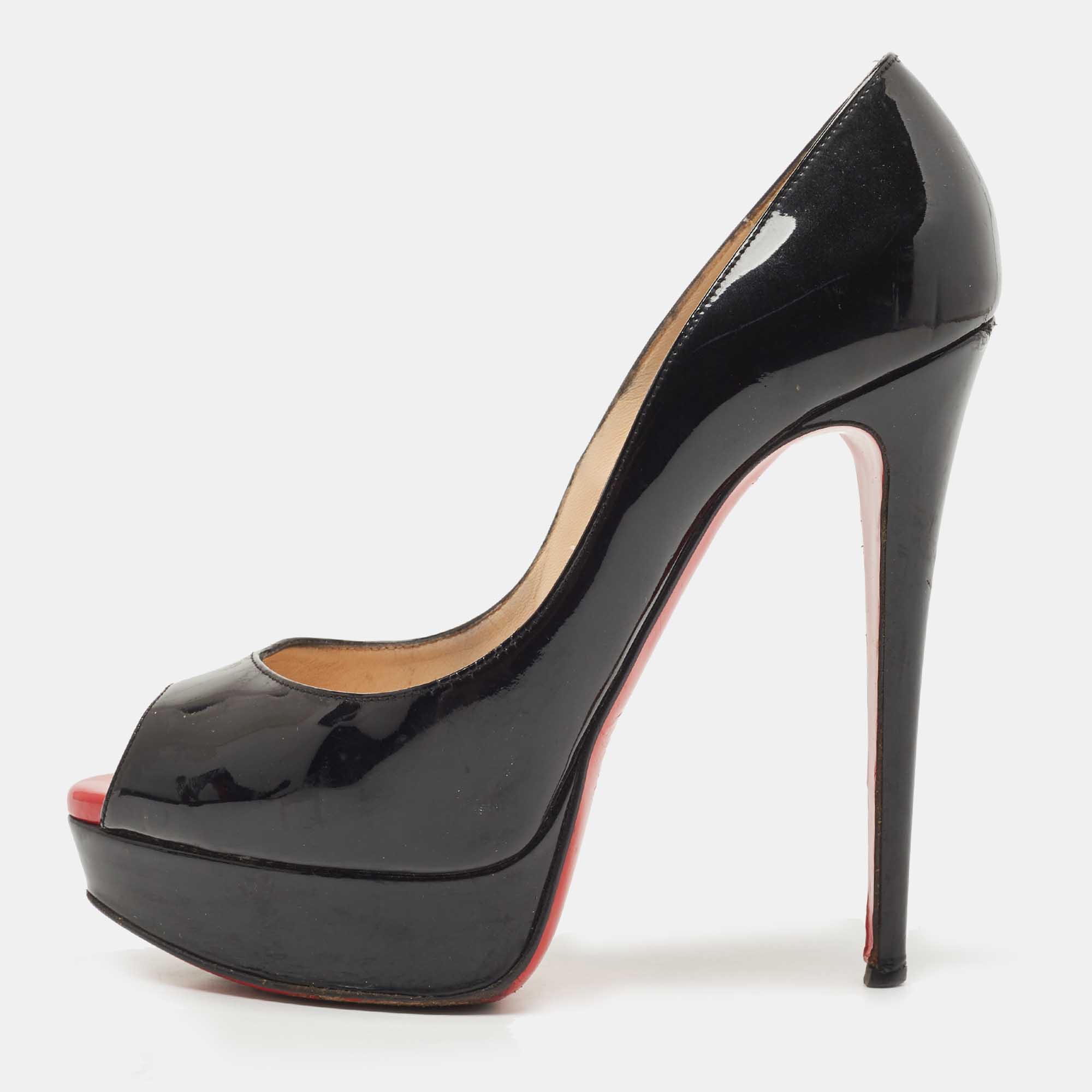 Pre-owned Christian Louboutin Black Patent Leather Lady Peep Pumps Size 38