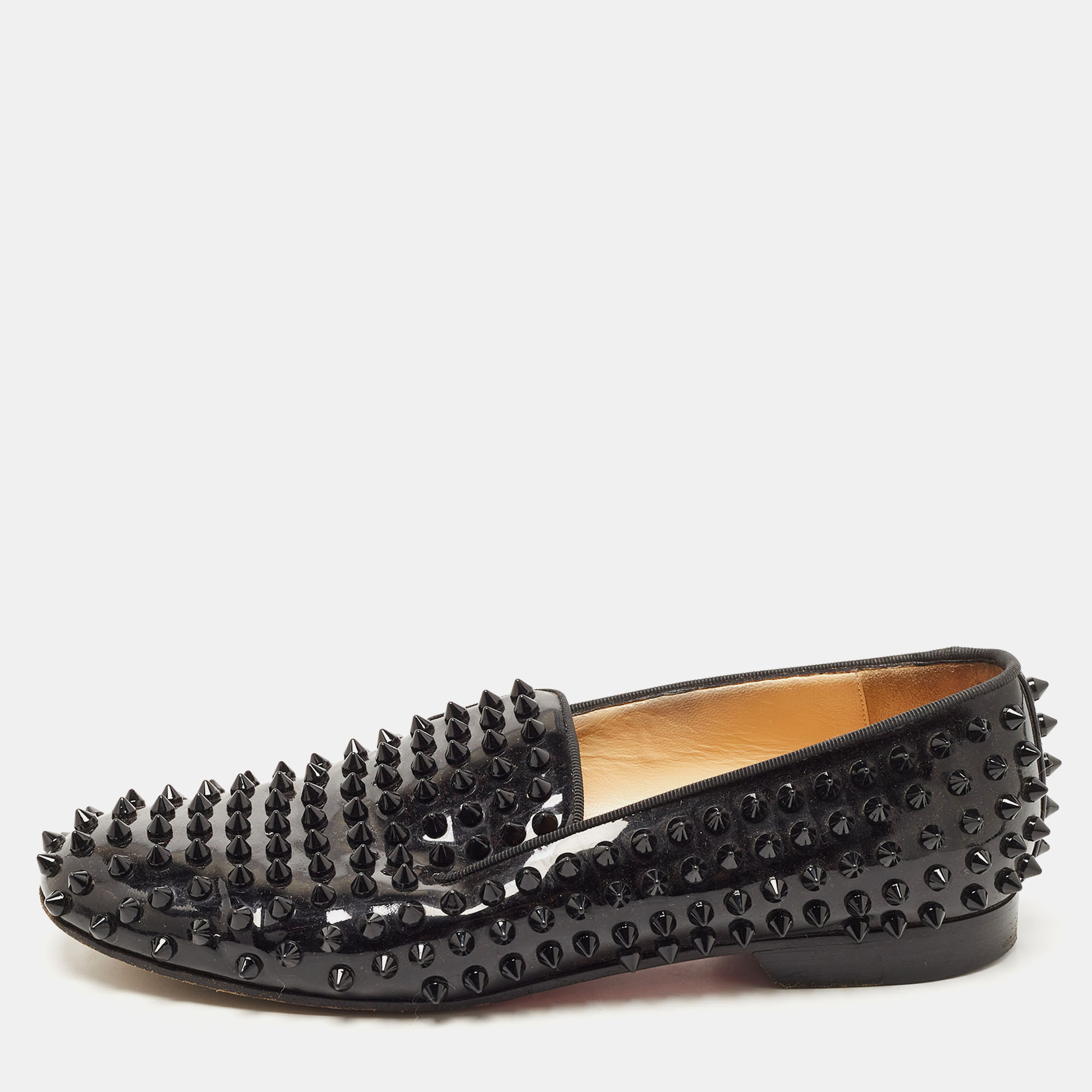 Pre-owned Christian Louboutin Black Patent Leather Dandelion Spikes Smoking Slippers Size 38