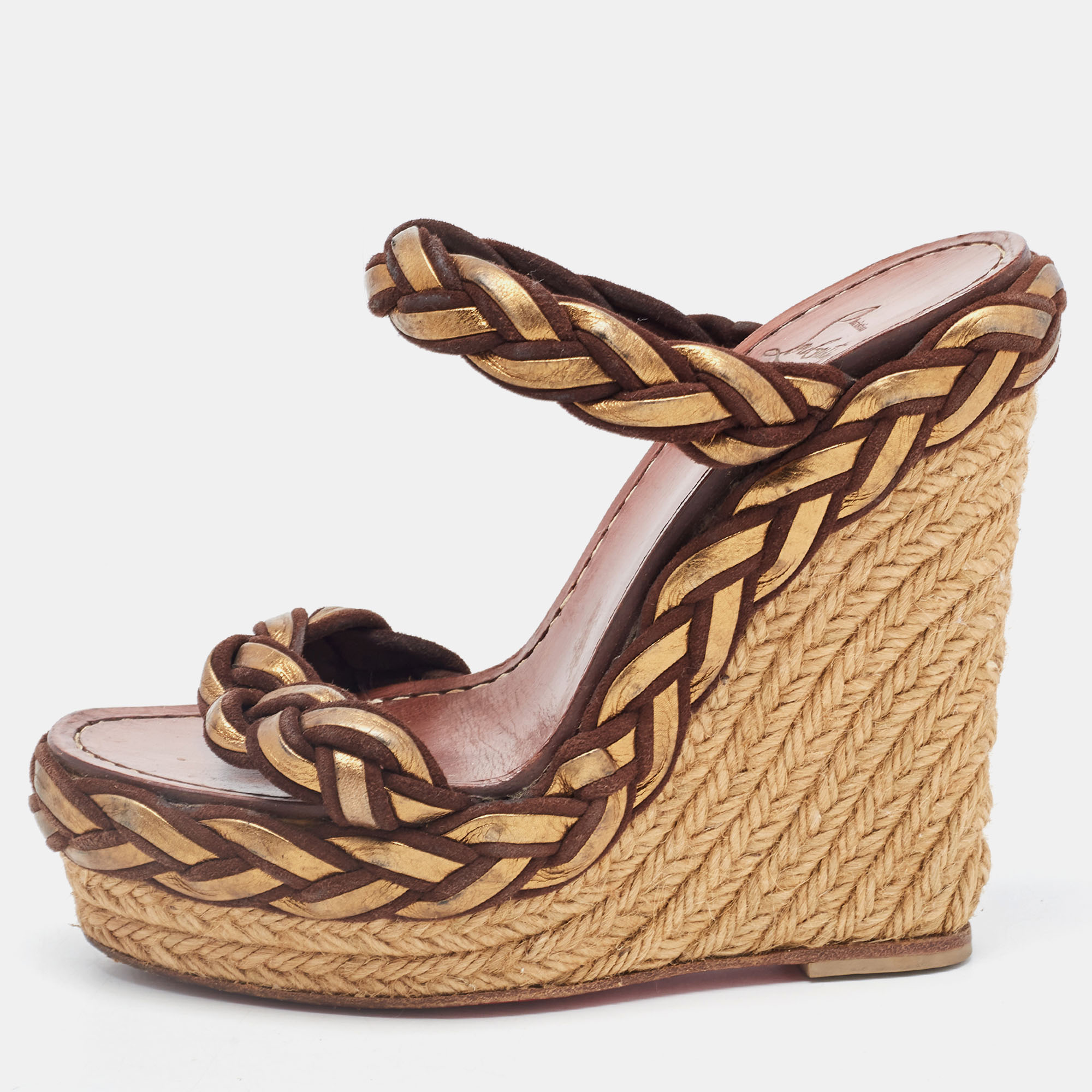 Pre-owned Christian Louboutin Brown/gold Braided Leather And Suede Espadrille Wedge Sandals Size 35