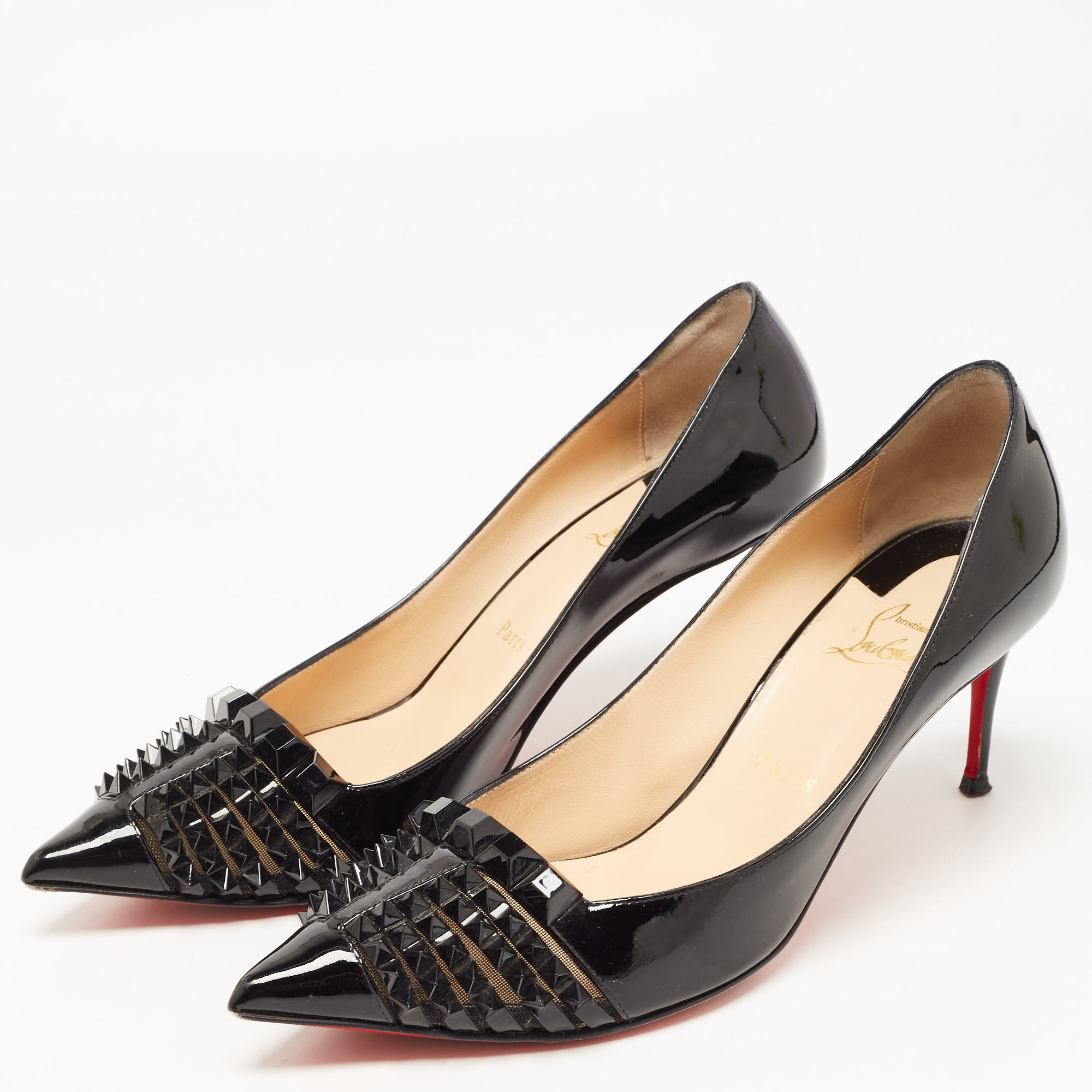 

Christian Louboutin Black Patent Leather And Mesh Pyrami Pumps Size