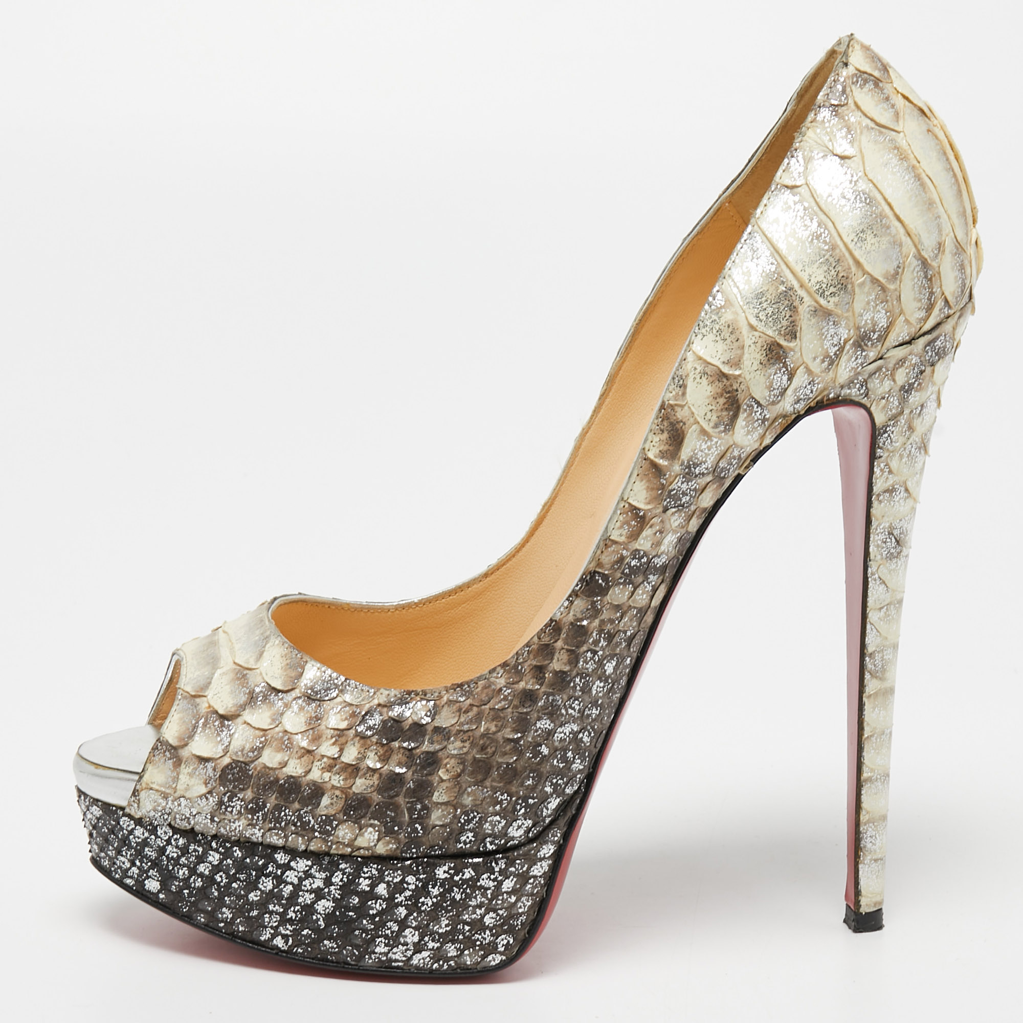 Pre-owned Christian Louboutin Cream/brown Python Leather Lady Peep Pumps Size 40