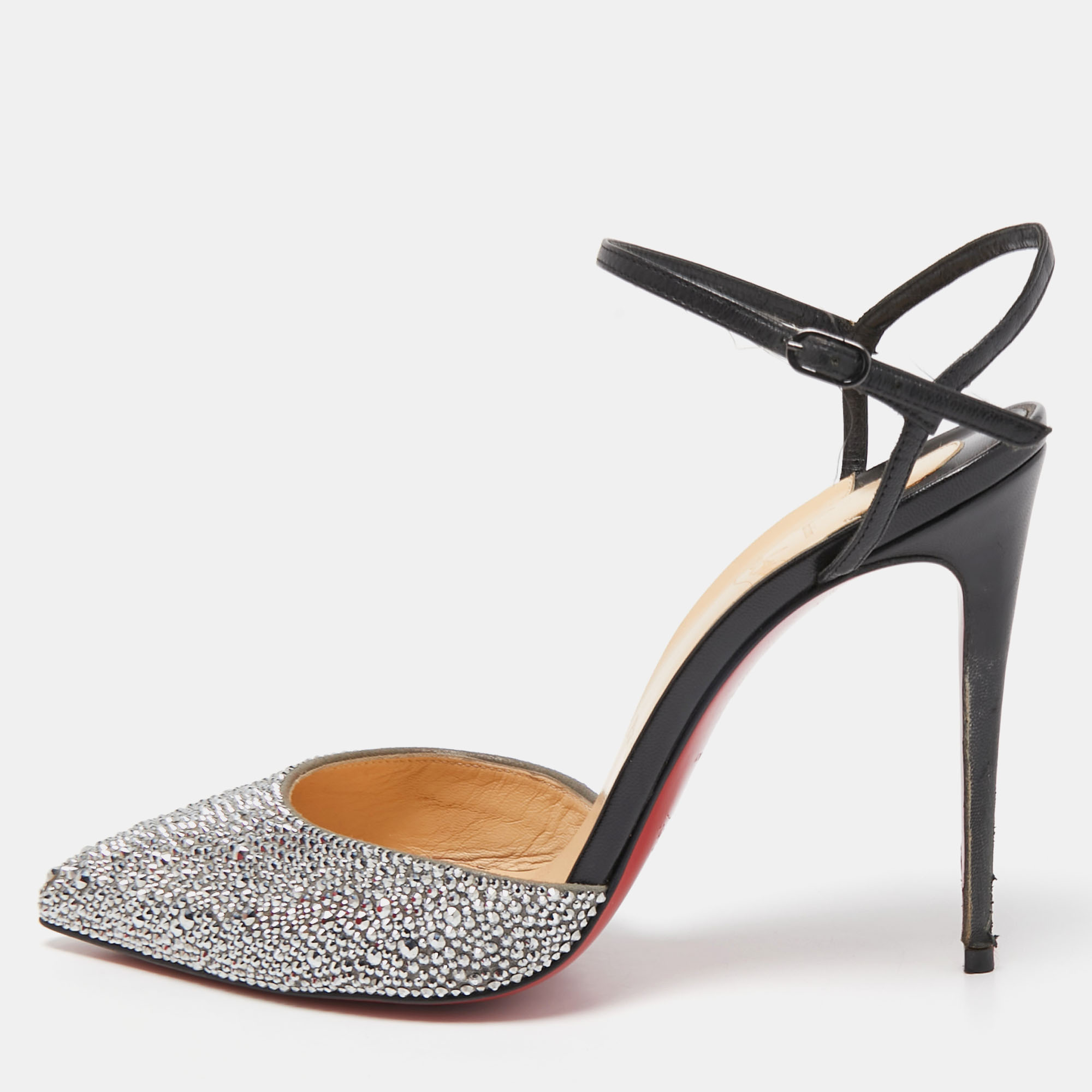 Pre-owned Christian Louboutin Grey/black Suede And Leather Rivierina Strass Pumps Size 39