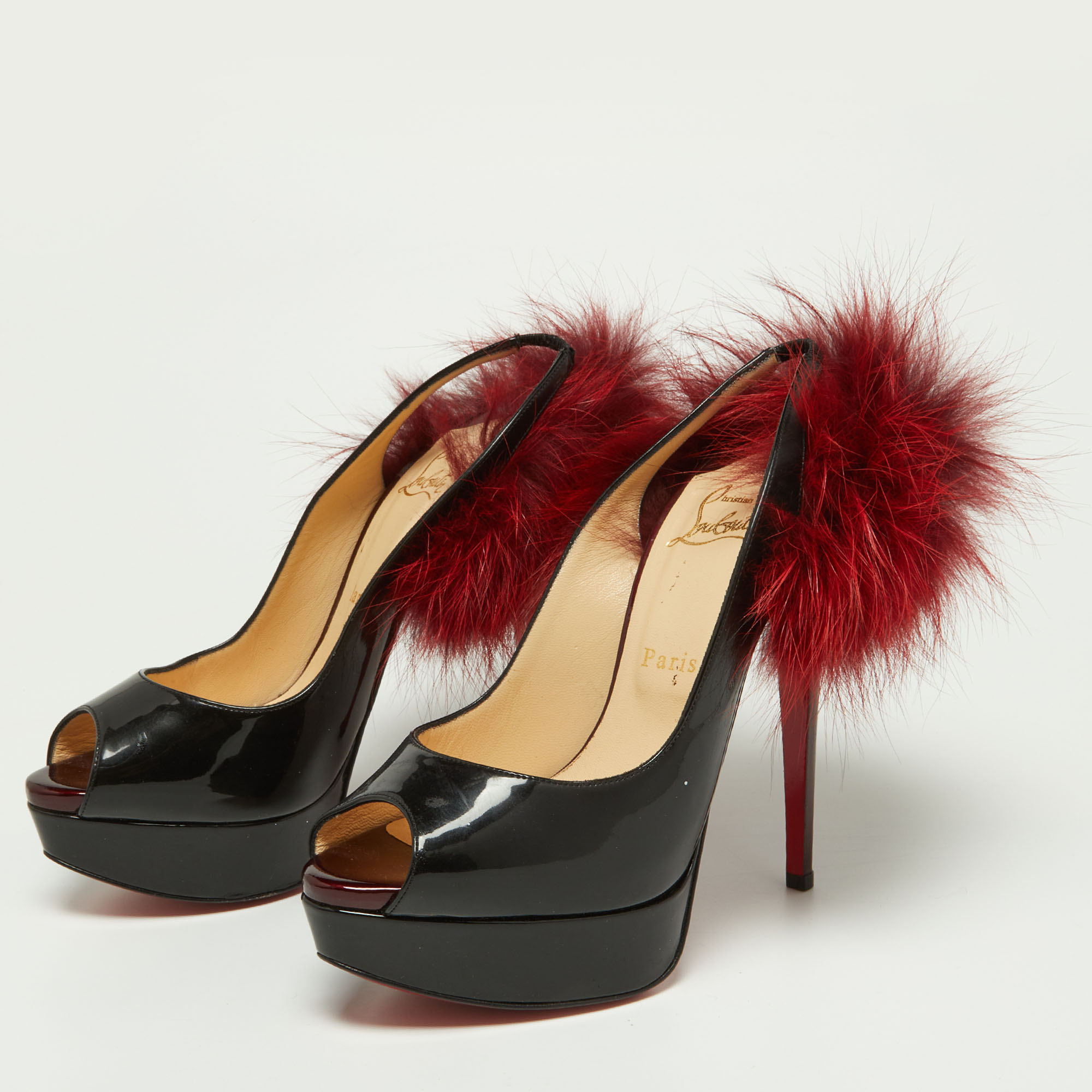 

Christian Louboutin Black Patent Leather Lady Fur Slingback Pumps Size
