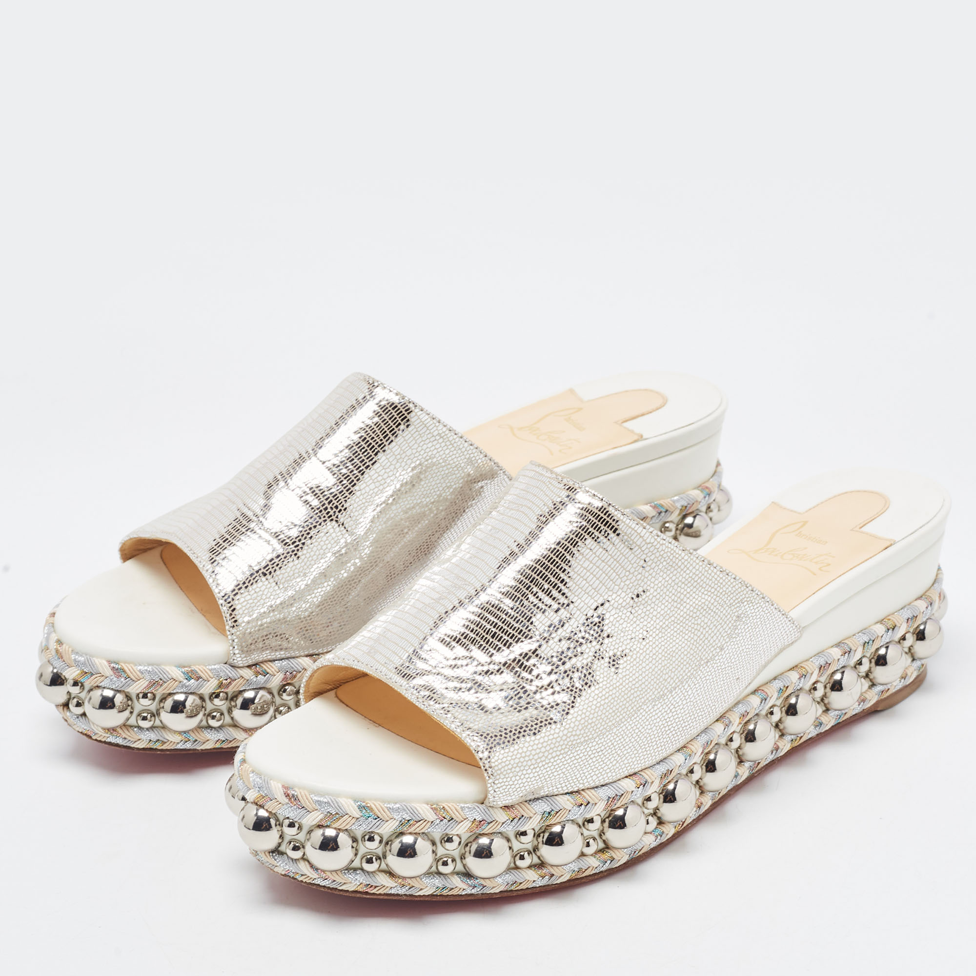 

Christian Louboutin Silver Textured Suede Studded Platform Wedge Sandals Size