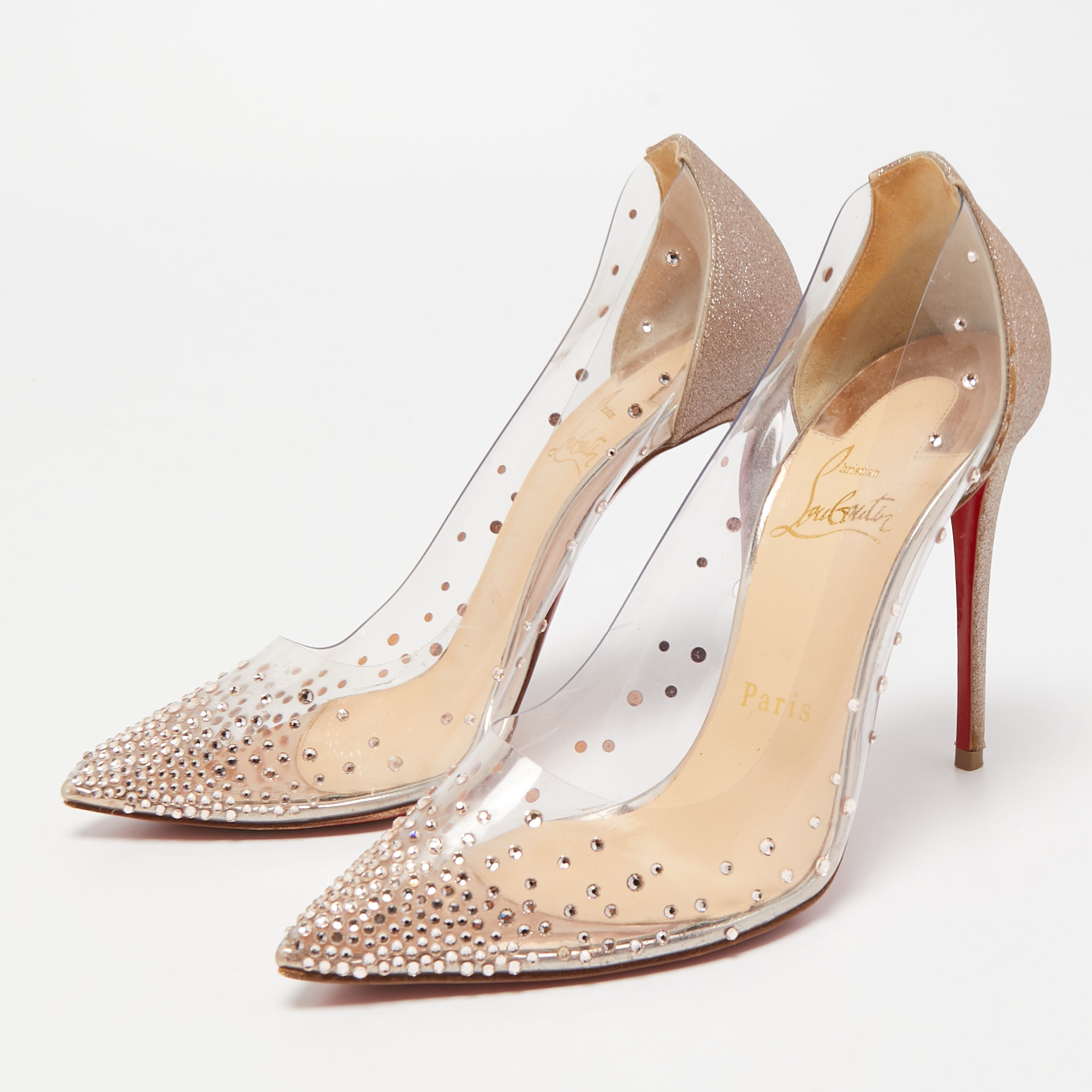 

Christian Louboutin Gold/Transparent PVC and Glitter Degrastrass Pumps Size