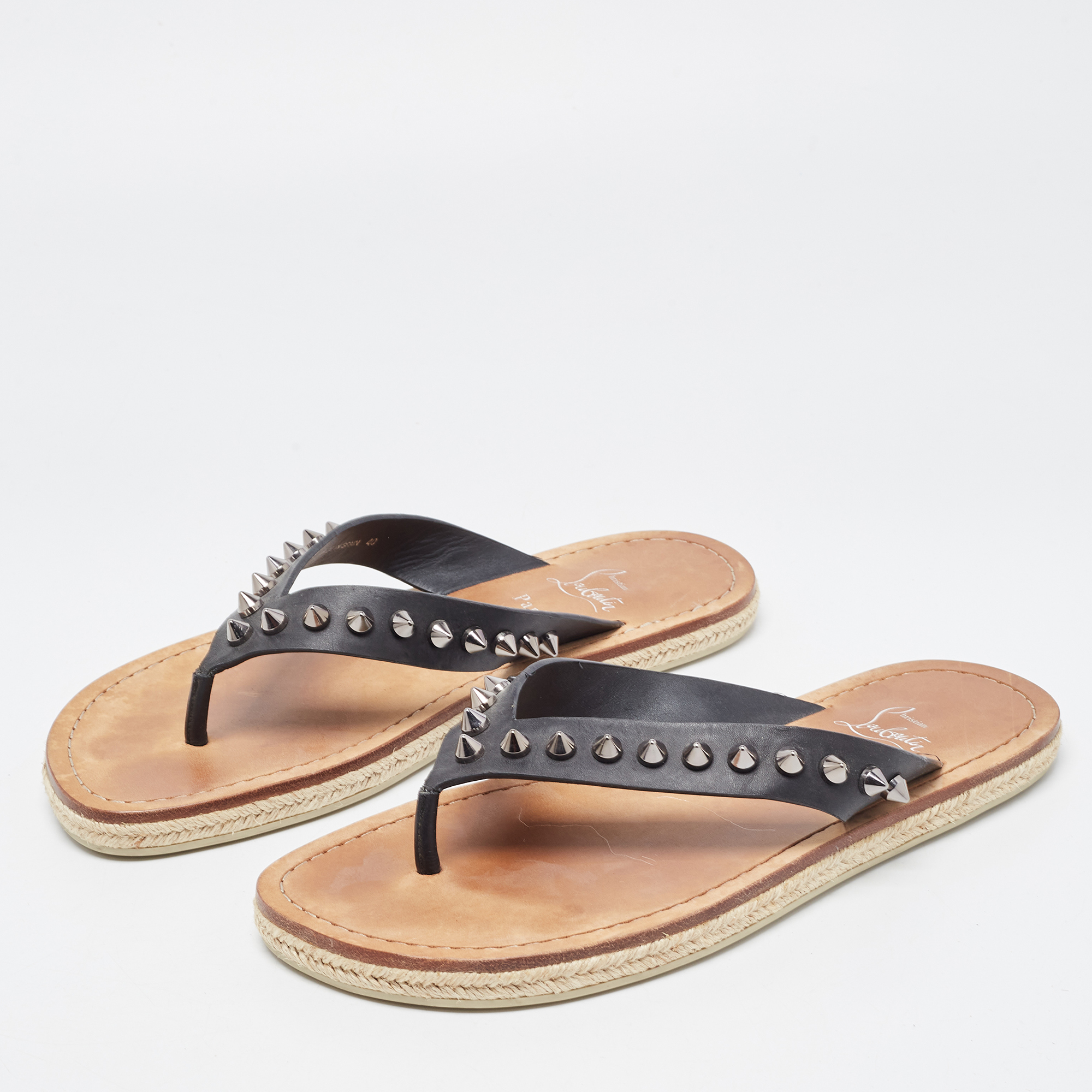 

Christian Louboutin Black Leather Spike Thong Sandals Size