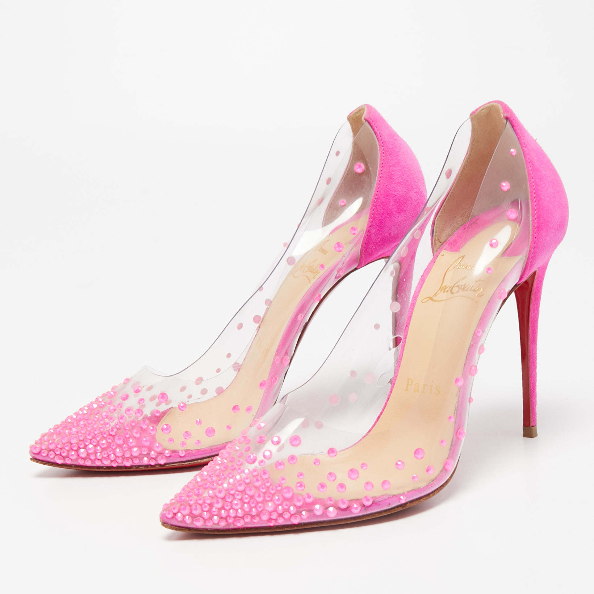 

Christian Louboutin Pink Suede and PVC Degrastrass Pumps Size