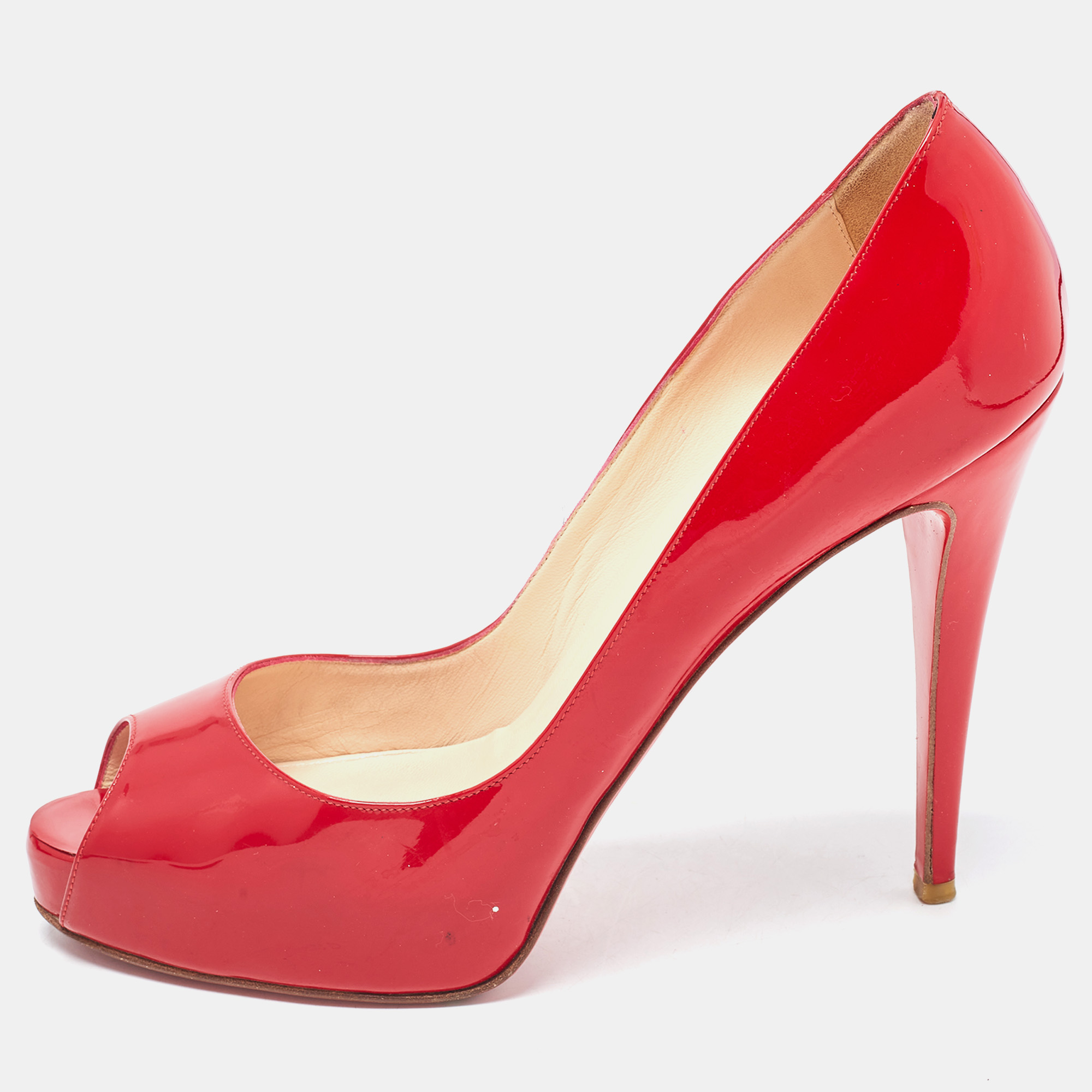 Pre-owned Christian Louboutin Red Patent Lady Peep Pumps Size 40