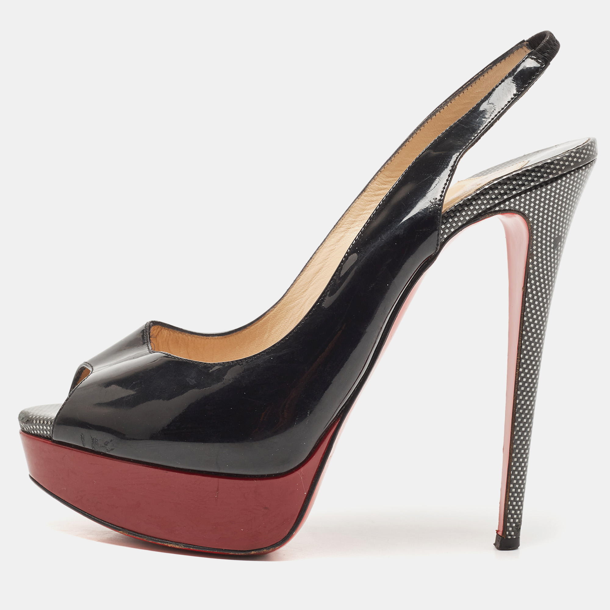

Christian Louboutin Black Patent Lady Peep Slingback Sandals Size
