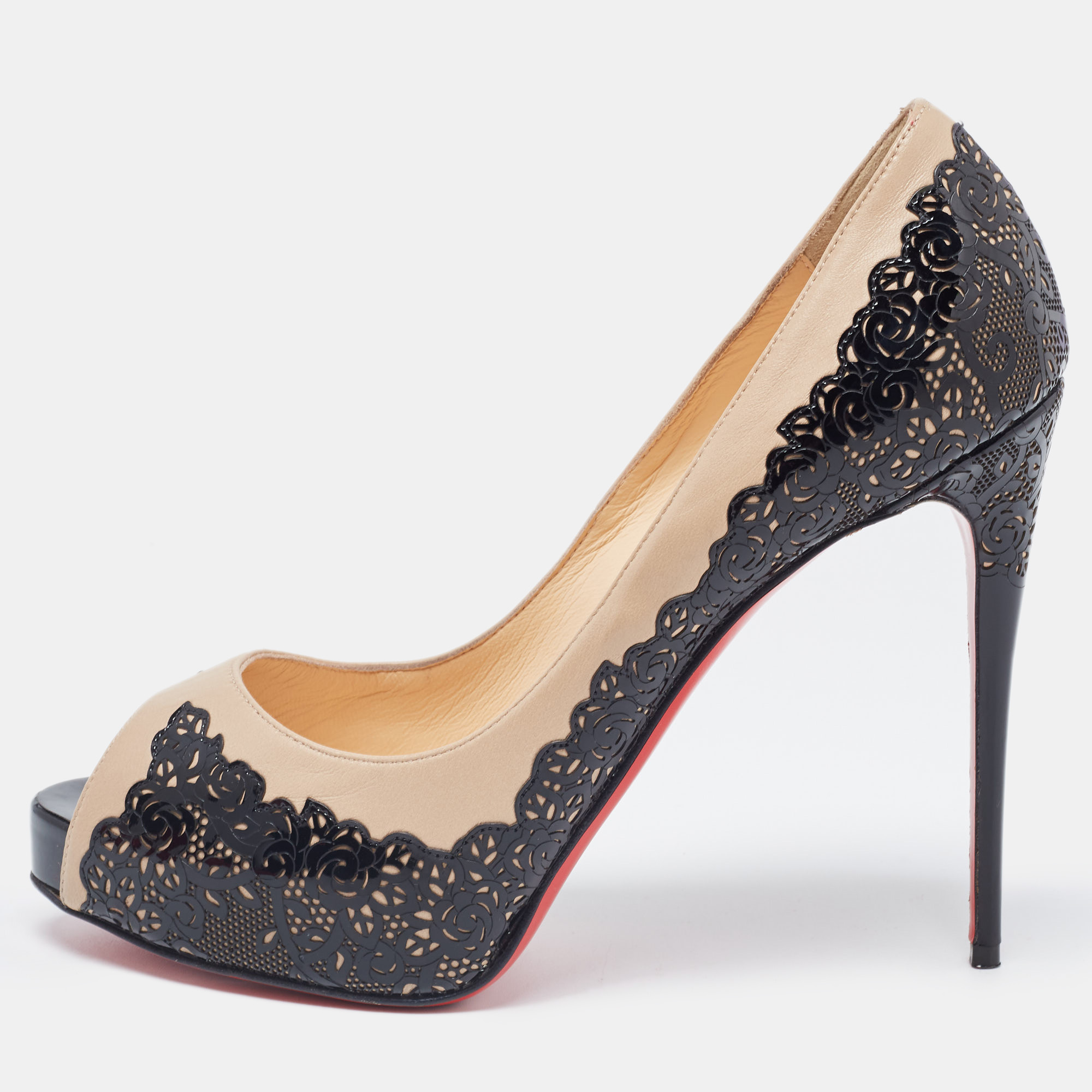 

Christian Louboutin Two Tone Laser Cut Patent and Leather Veramucha Peep Toe Pumps Size, Black