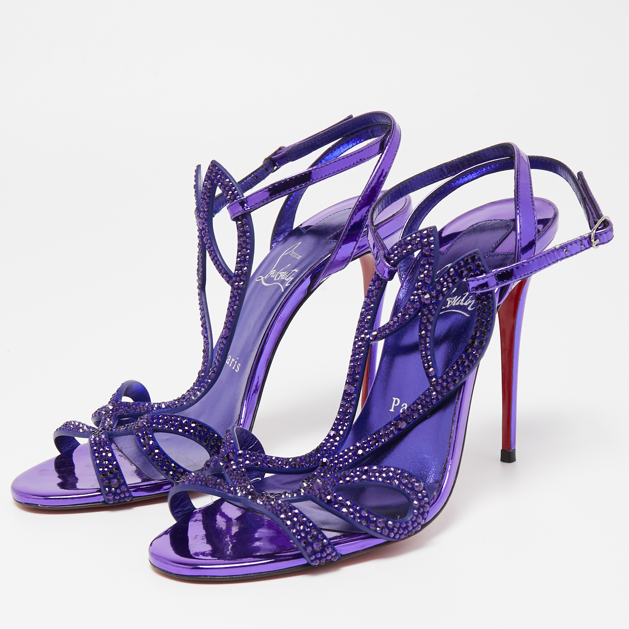 

Christian Louboutin Purple Leather Crystal Embellished Double L Ankle Strap Sandals Size