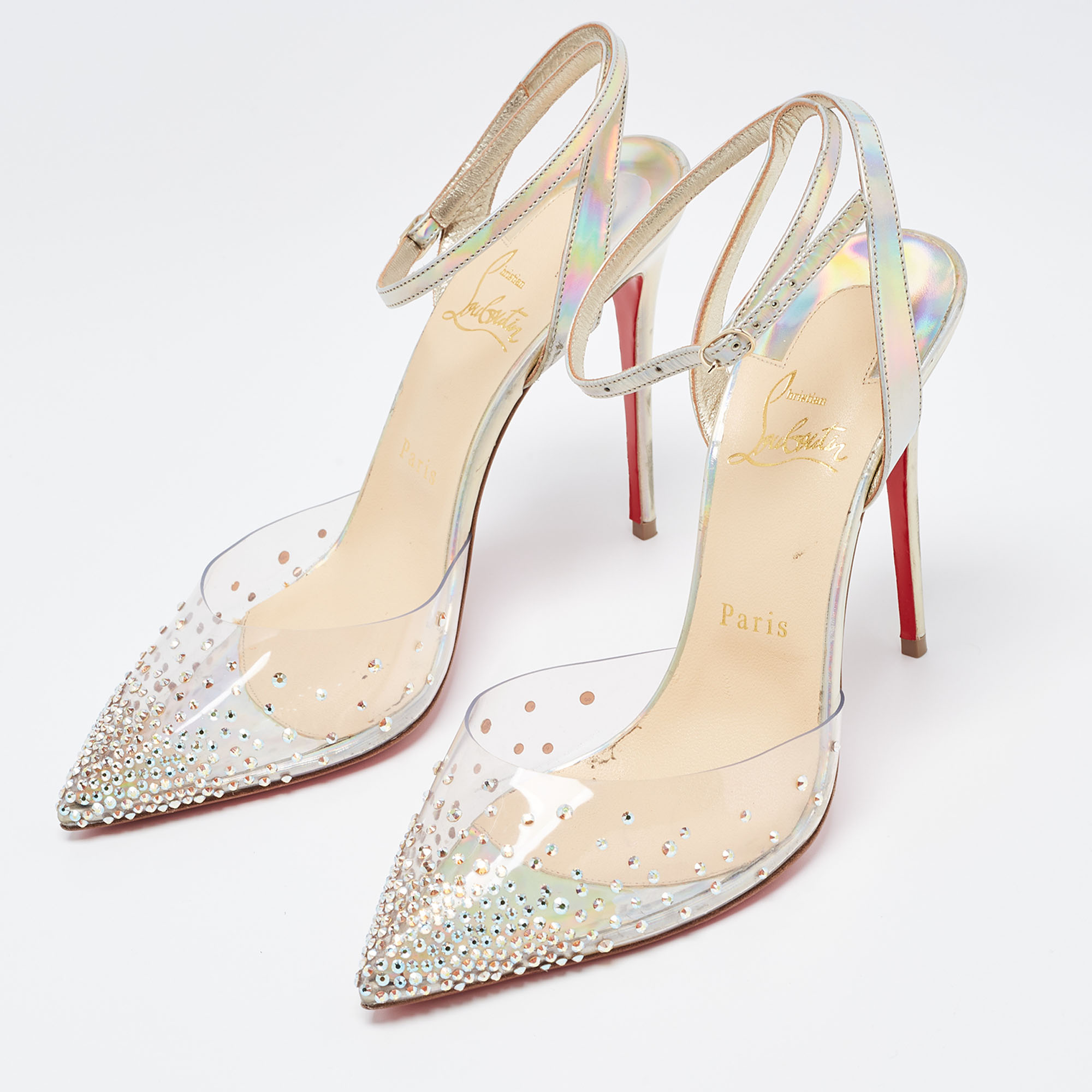 

Christian Louboutin Silver Leather Spikaqueen Ankle Strap Sandals Size, Transparent