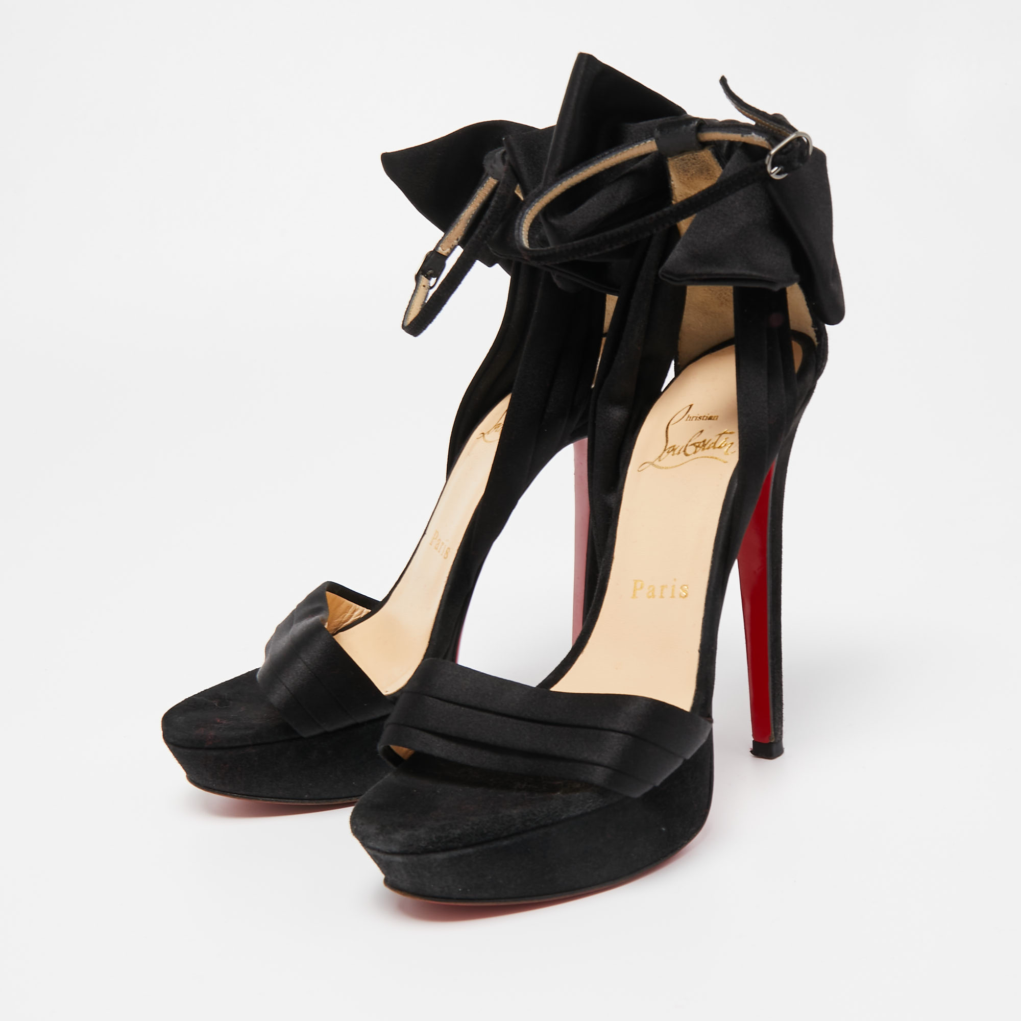

Christian Louboutin Black Satin and Suede Vampanodo Bow Platform Ankle Strap Size
