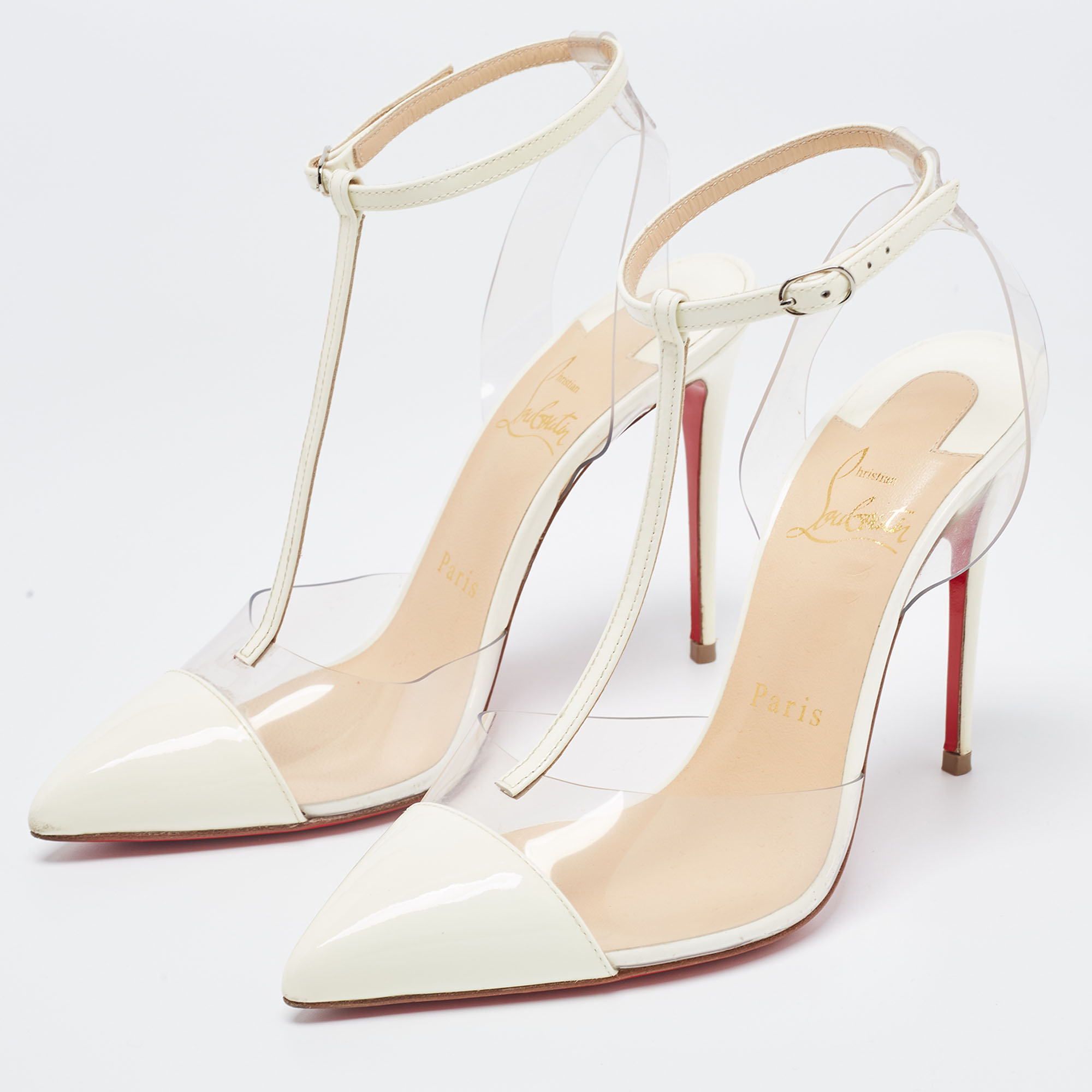 

Christian Louboutin White Patent Leather and PVC Nosy T-Strap Pumps Size