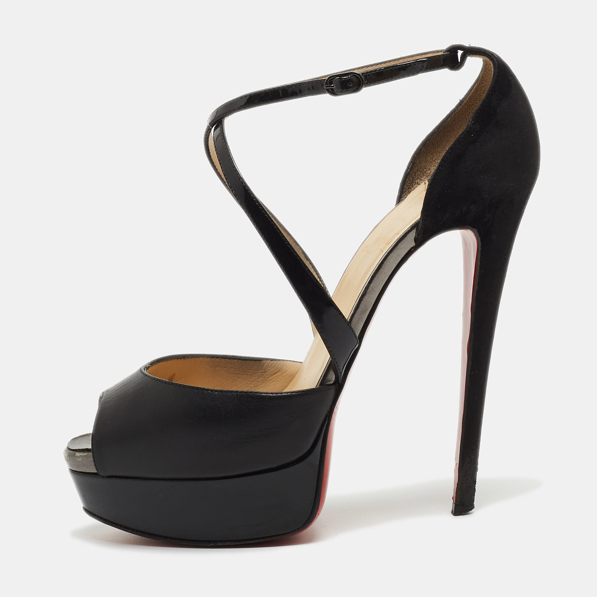 Pre-owned Christian Louboutin Black Leather Exagona Platform Ankle Strap Sandals Size 37