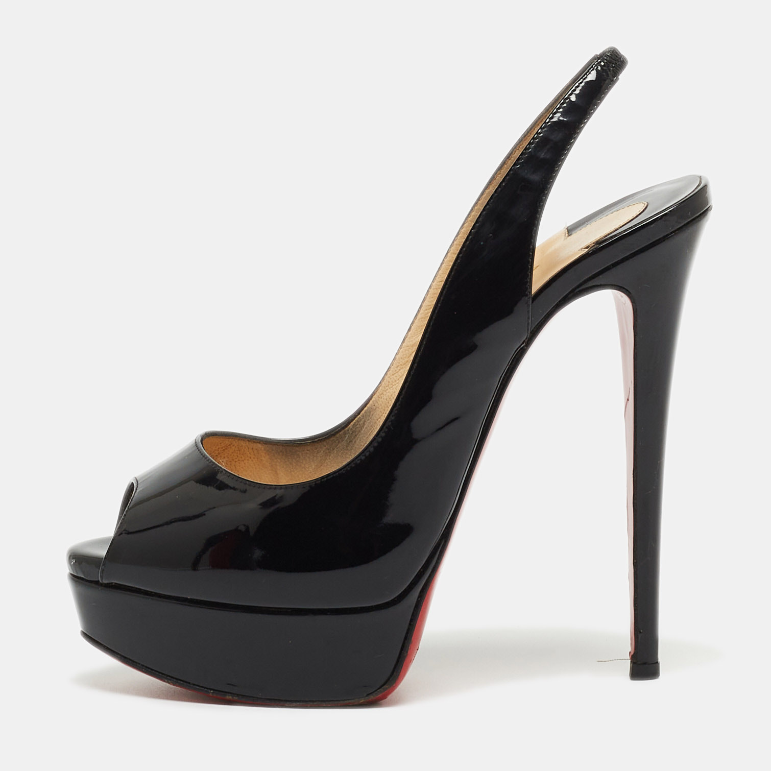 Pre-owned Christian Louboutin Black Patent Leather Private Number Peep Toe Platform Slingback Pumps Size 37