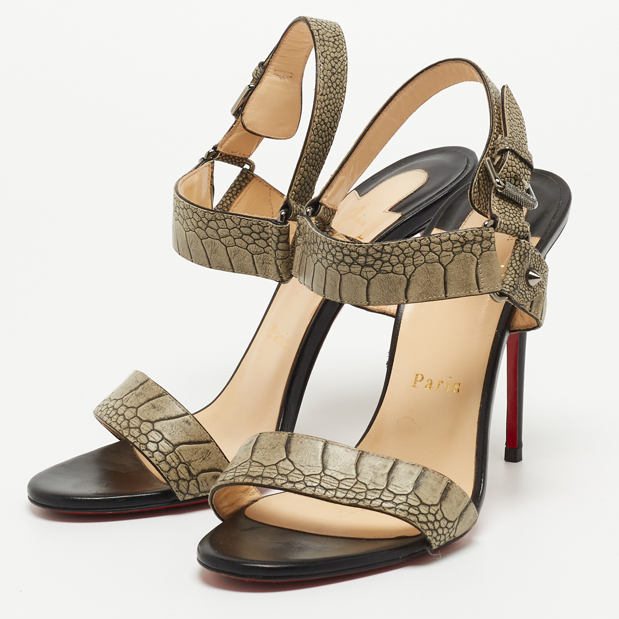 

Christian Louboutin Grey Croc-Embossed Leather Sova Ankle Strap Sandals Size