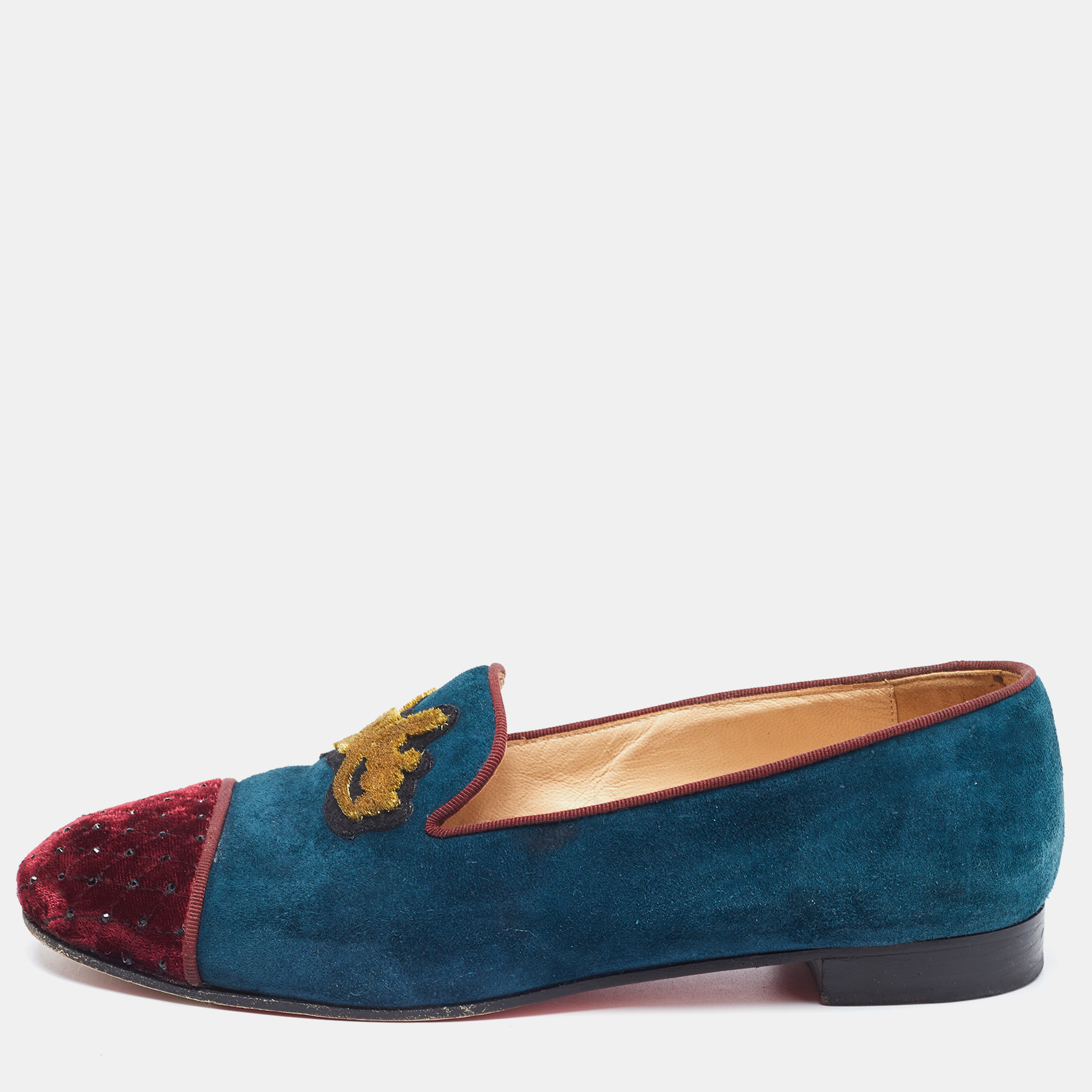 

Christian Louboutin Two Tone Suede And Velvet I Love My Loubies Smoking Slippers Size, Green