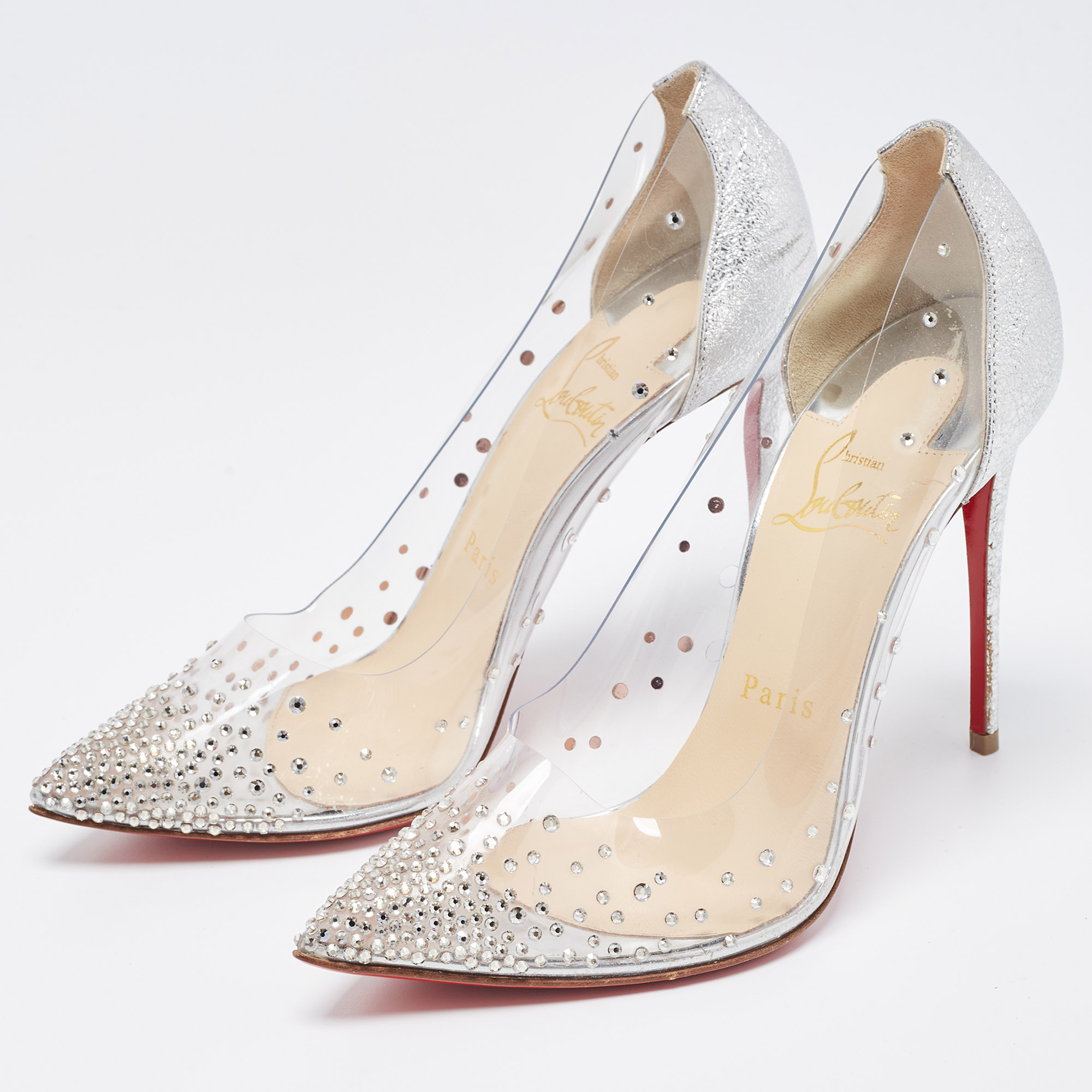 

Christian Louboutin Silver Foil Leather and PVC Degrastrass Pointed Toe Pumps Size