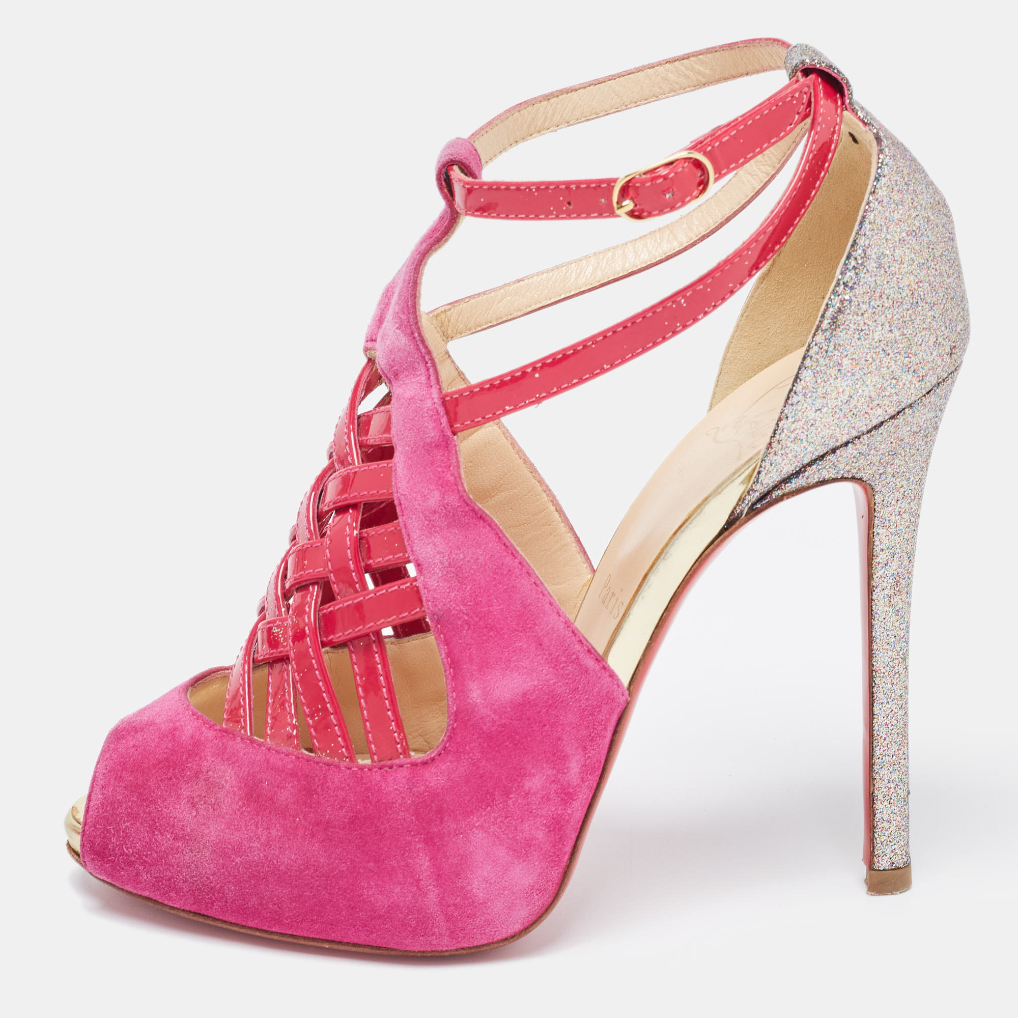 Pre-owned Christian Louboutin Pink/metallic Bronze Suede And Leather Ankle Strap Sandals Size 37