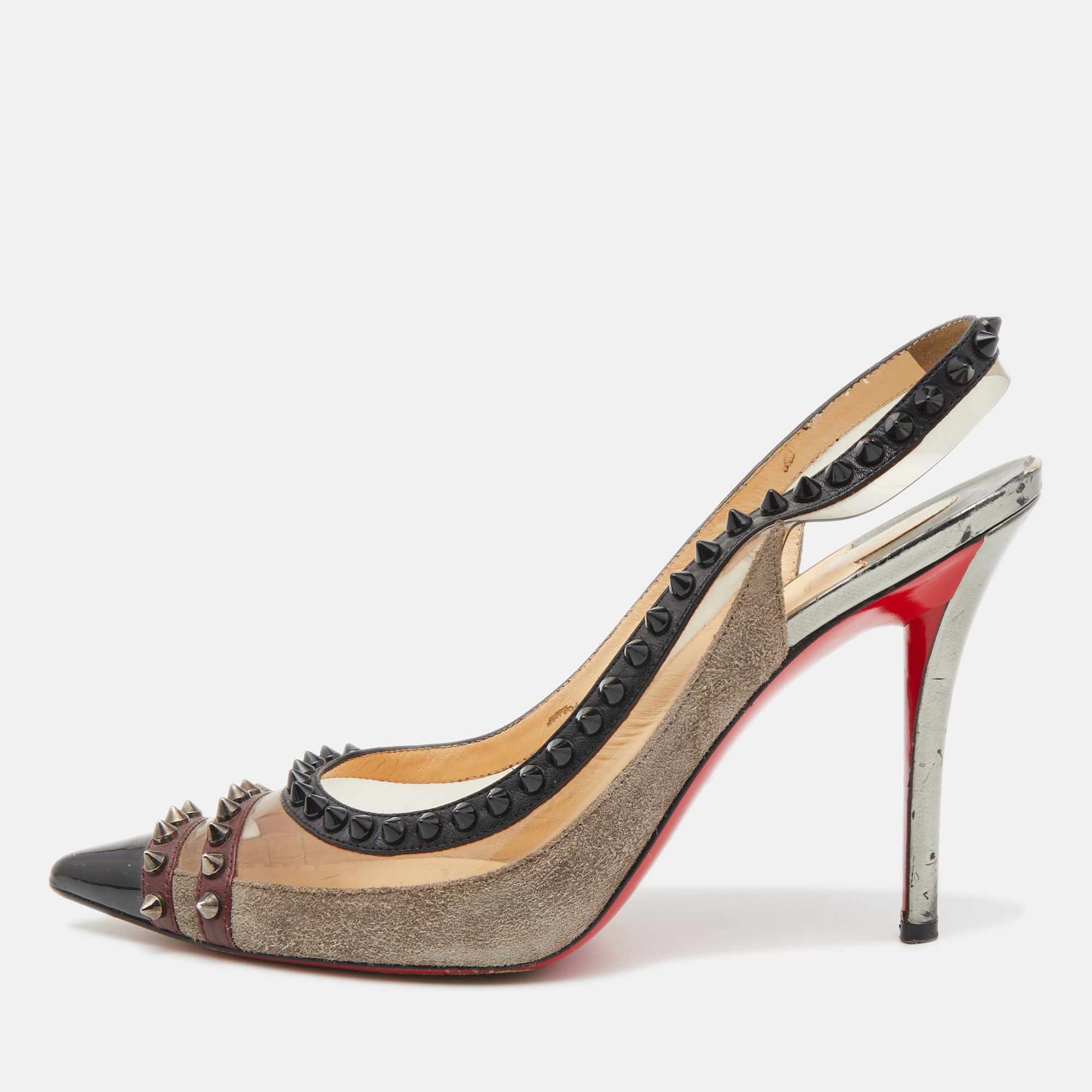 

Christian Louboutin Multicolor PVC and Suede Paulina Studded Slingback Pumps Size