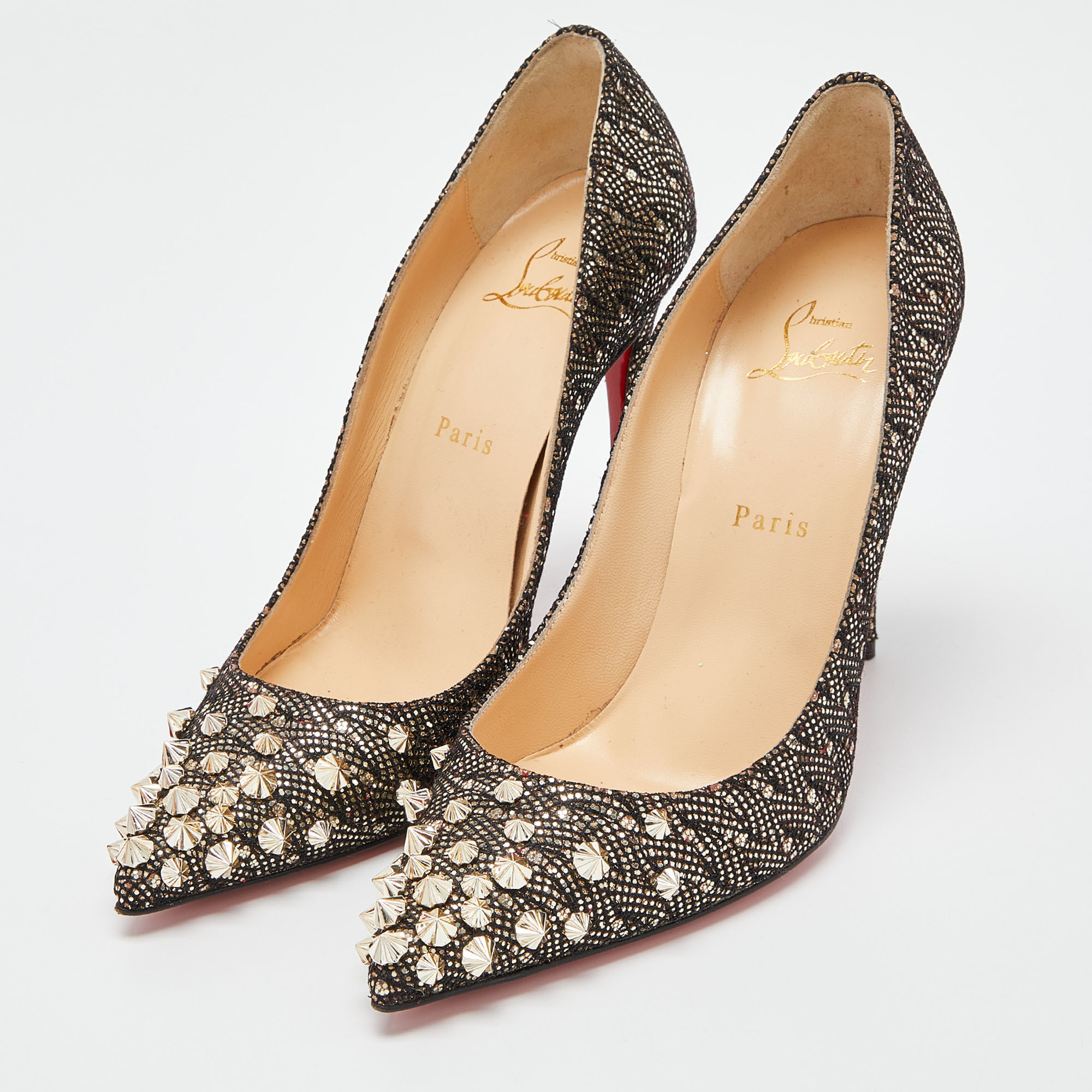 

Christian Louboutin Black/Gold Fabric and Glitter Veau Velours Drama Pumps Size