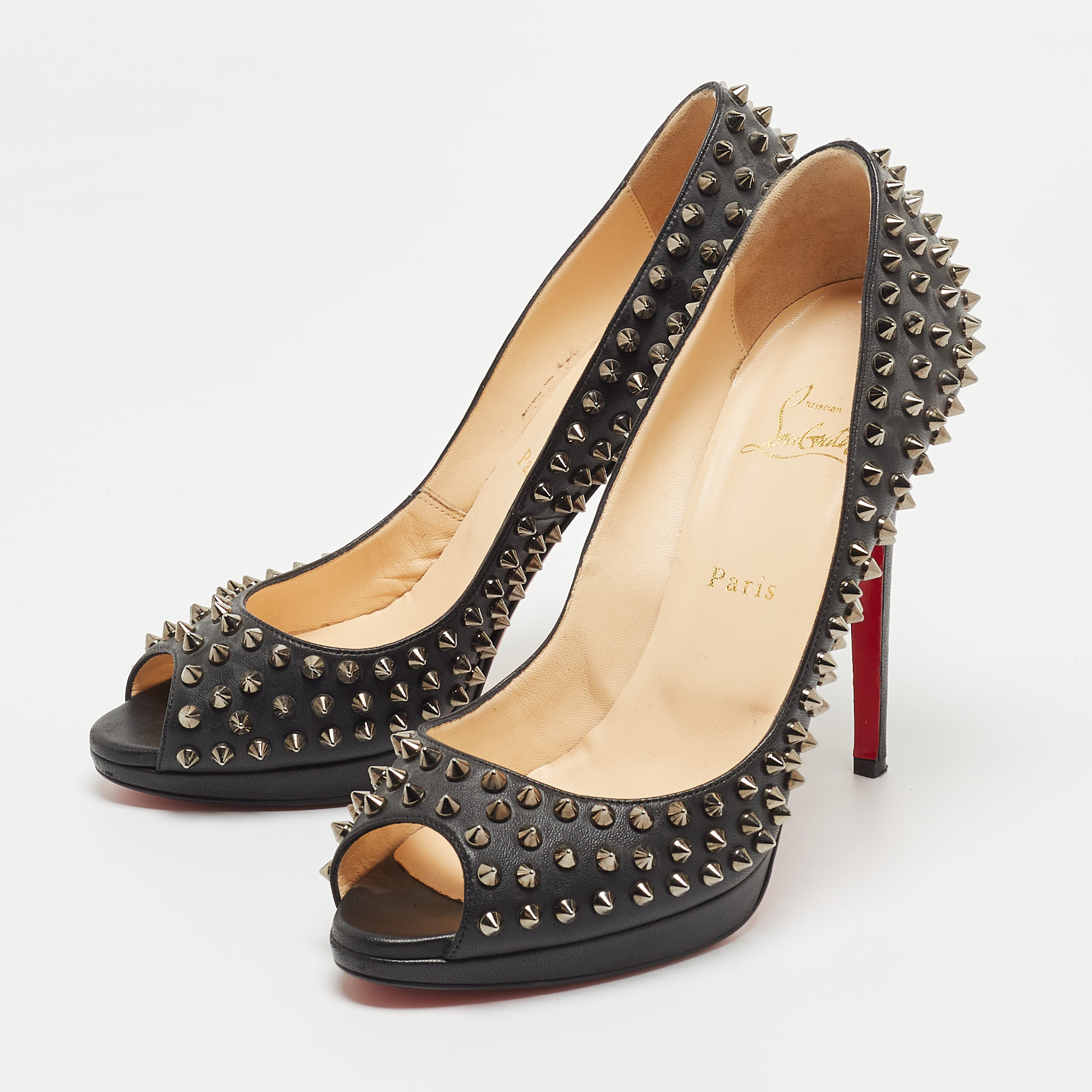 

Christian Louboutin Black Leather Lady Peep Spikes Peep Toe Pumps Size