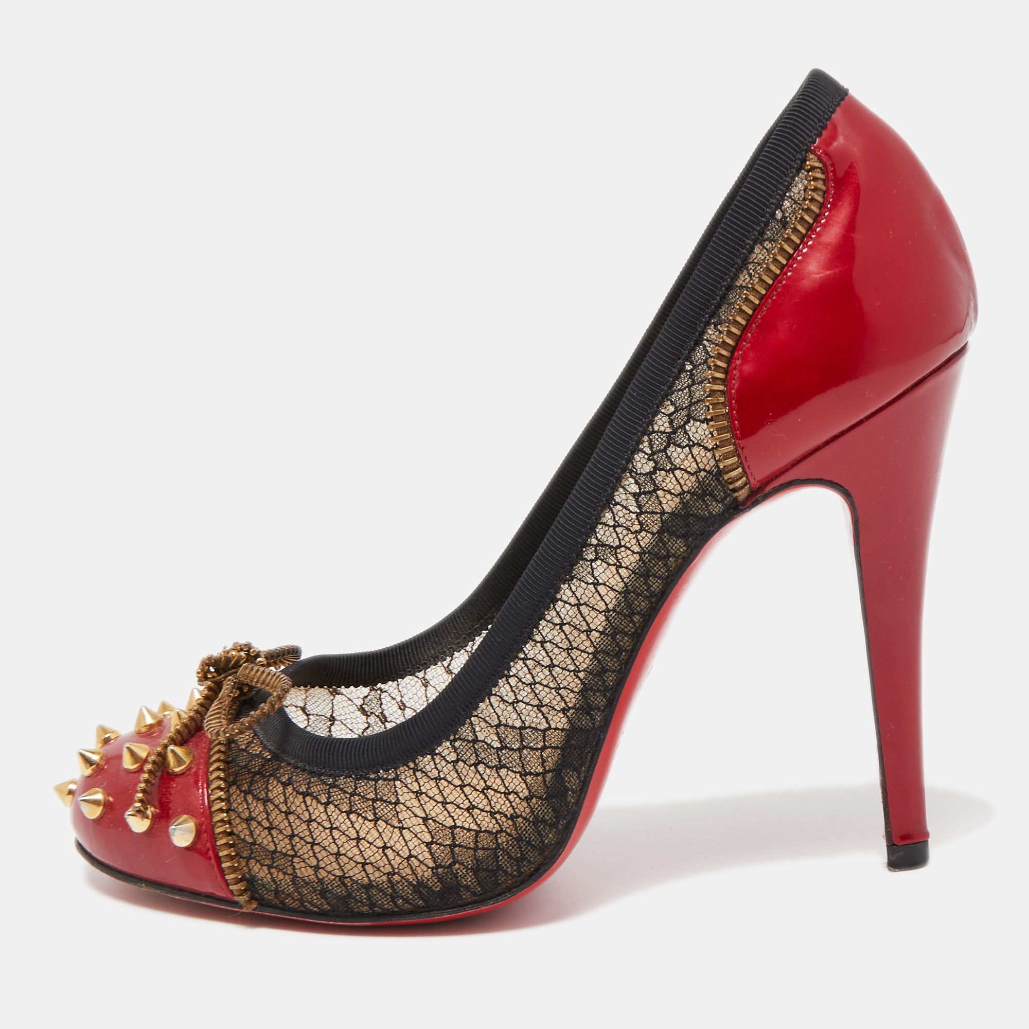 

Christian Louboutin Black/Red Lace and Patent Leather Candy Spike Pumps Size