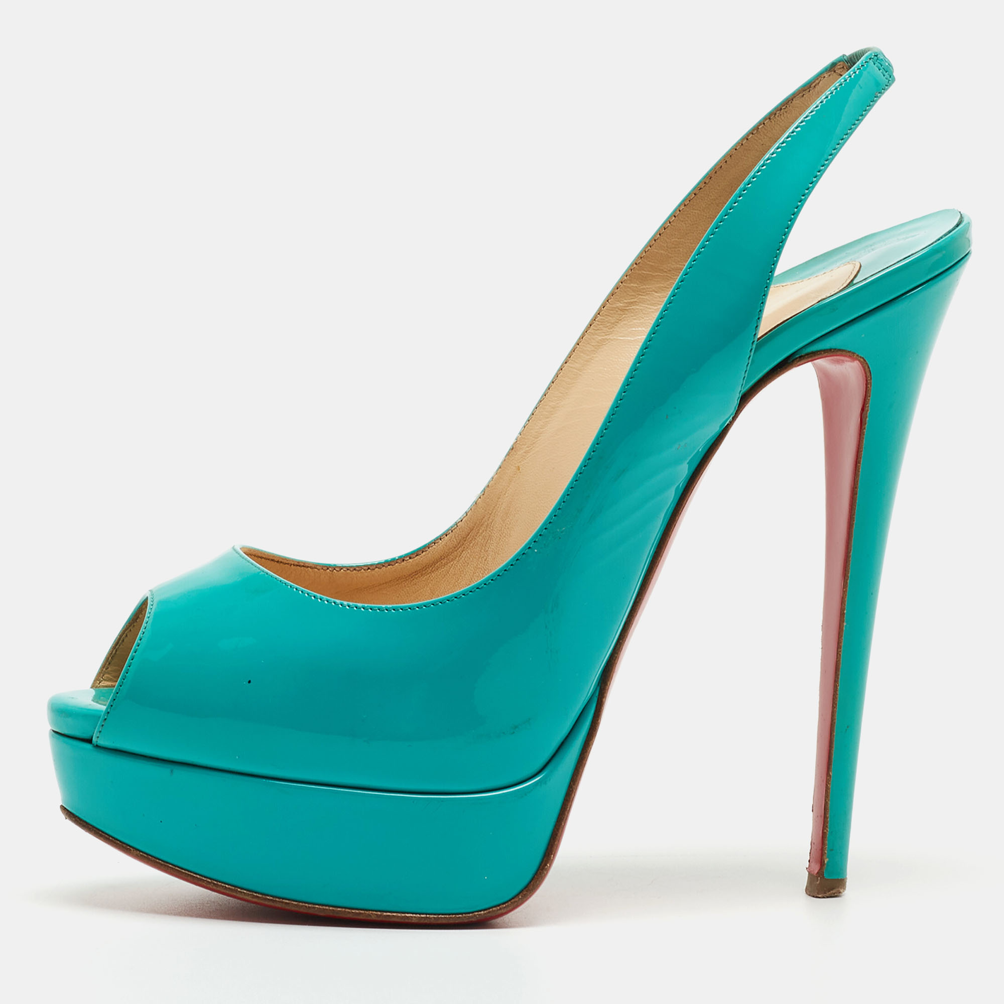 Pre-owned Christian Louboutin Turquoise Patent Leather Lady Peep Sling Pumps Size 39.5 In Blue