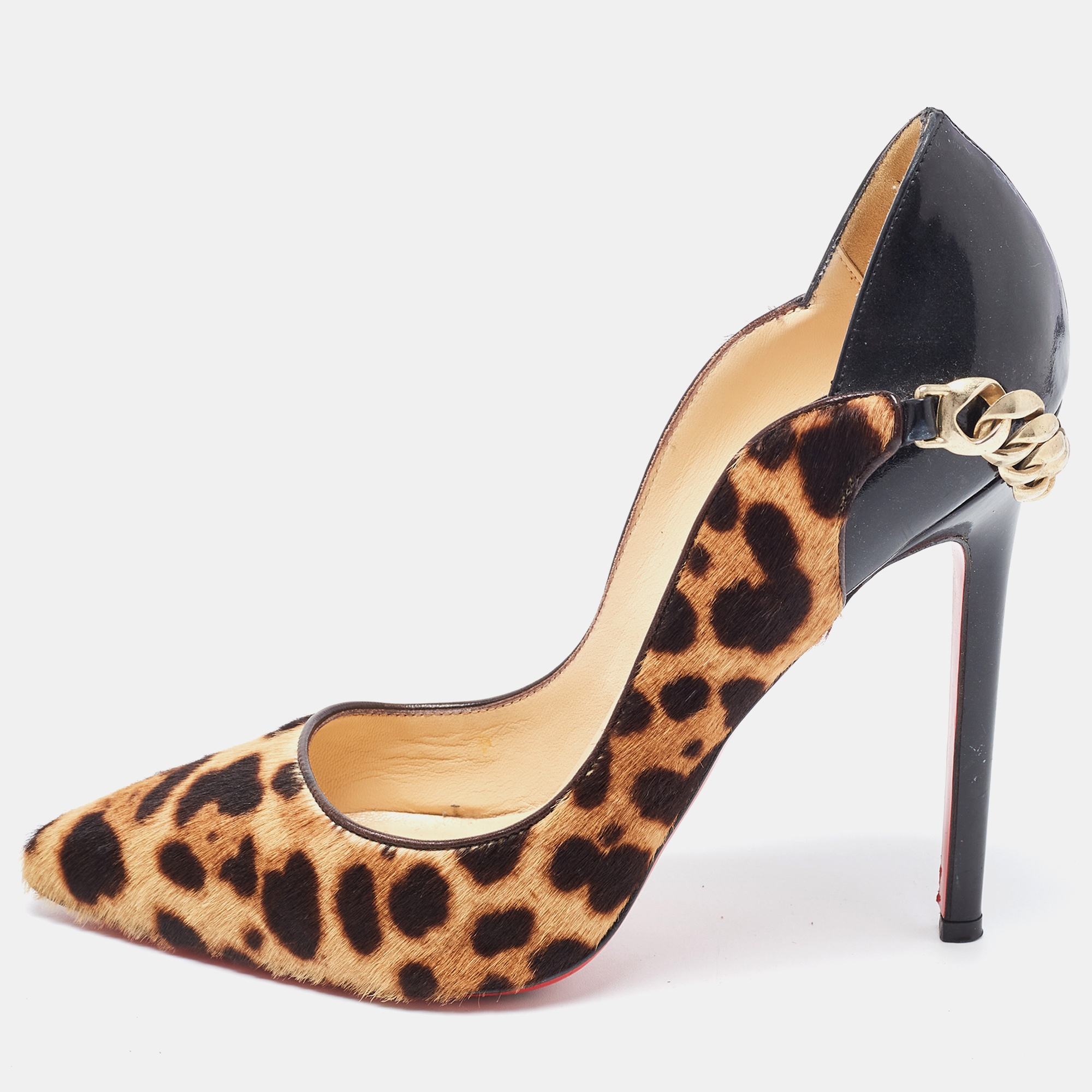 Pre-owned Christian Louboutin Brown Patent And Calf Hair Leopard Print Hot Chick Pumps Size 37.5