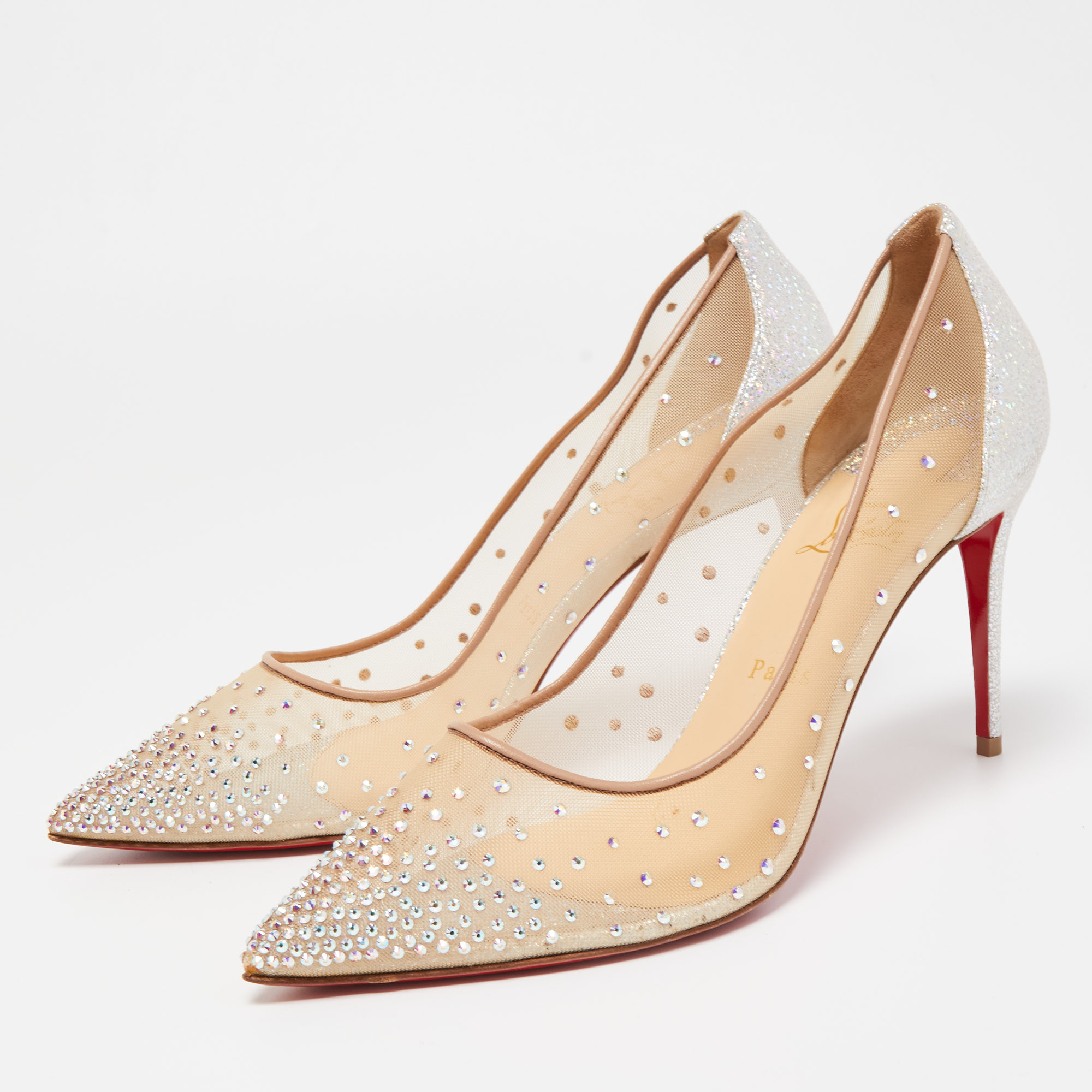 

Christian Louboutin Silver/Beige Mesh and Texture Leather Follies Pumps Size
