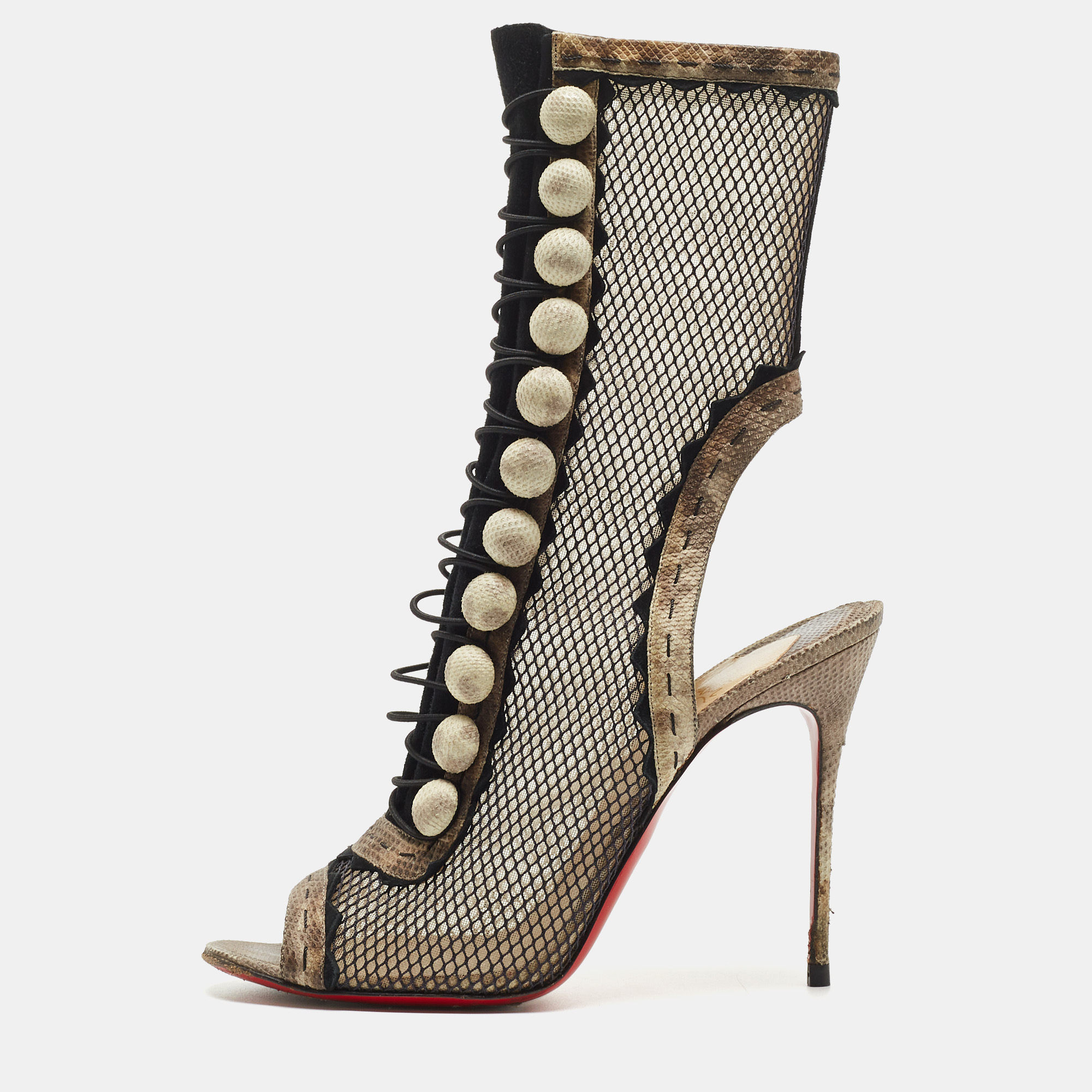 Pre-owned Christian Louboutin Black/brown Watersnake And Mesh Attention Cut Out Booties Size 39.5