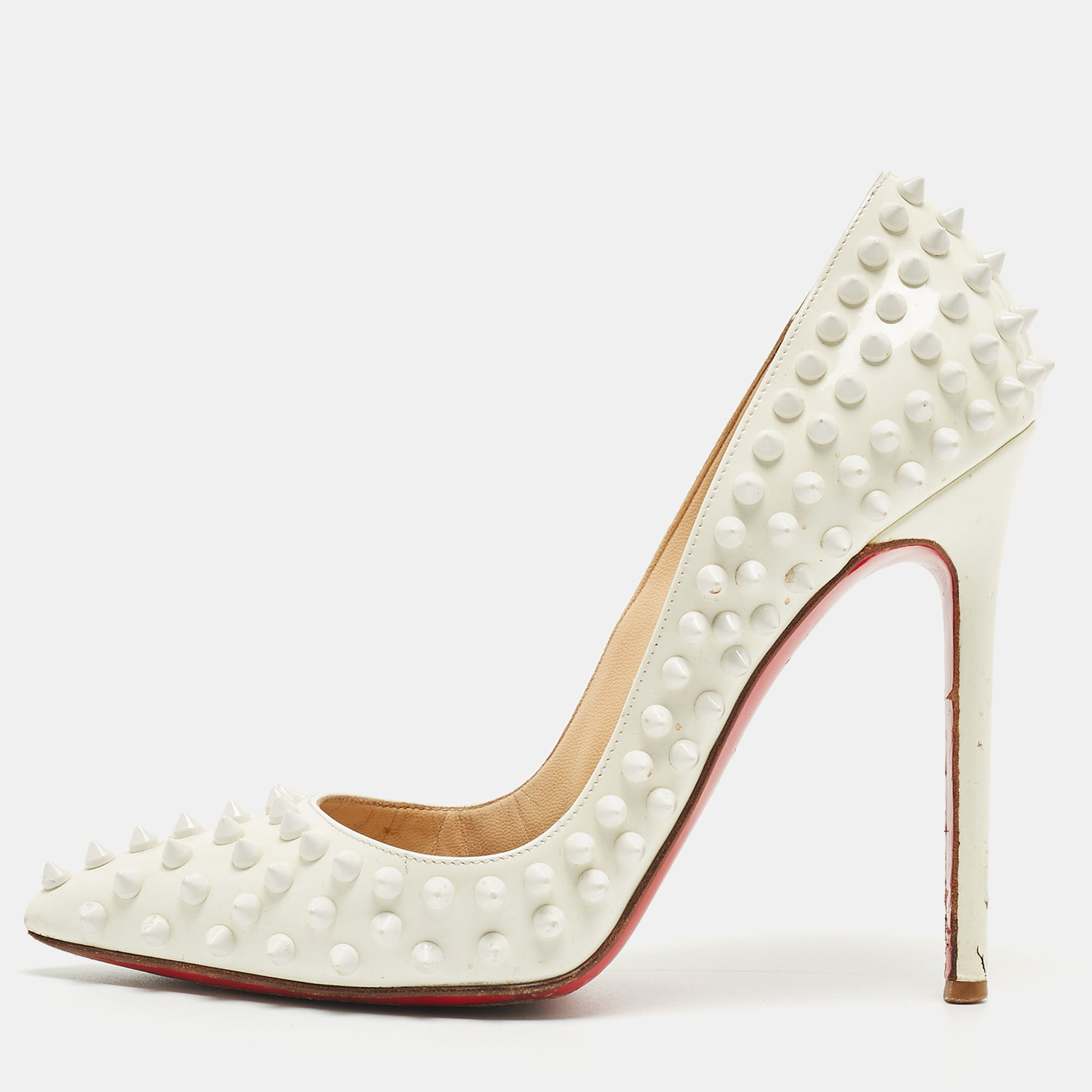 Pre-owned Christian Louboutin White Patent Leather Pigalle Spikes Pumps Size 37.5