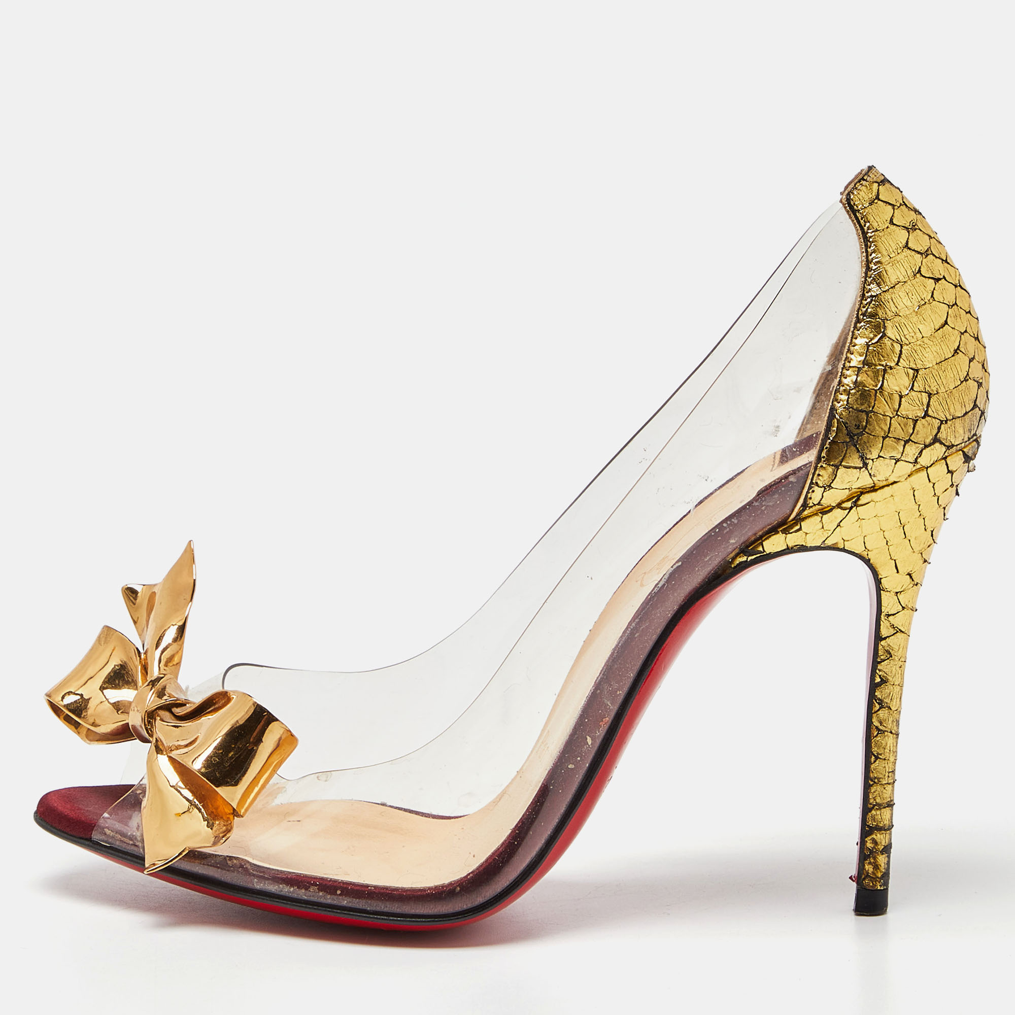 Pre-owned Christian Louboutin Gold Python And Pvc Justinodo Peep Toe Pumps Size 36