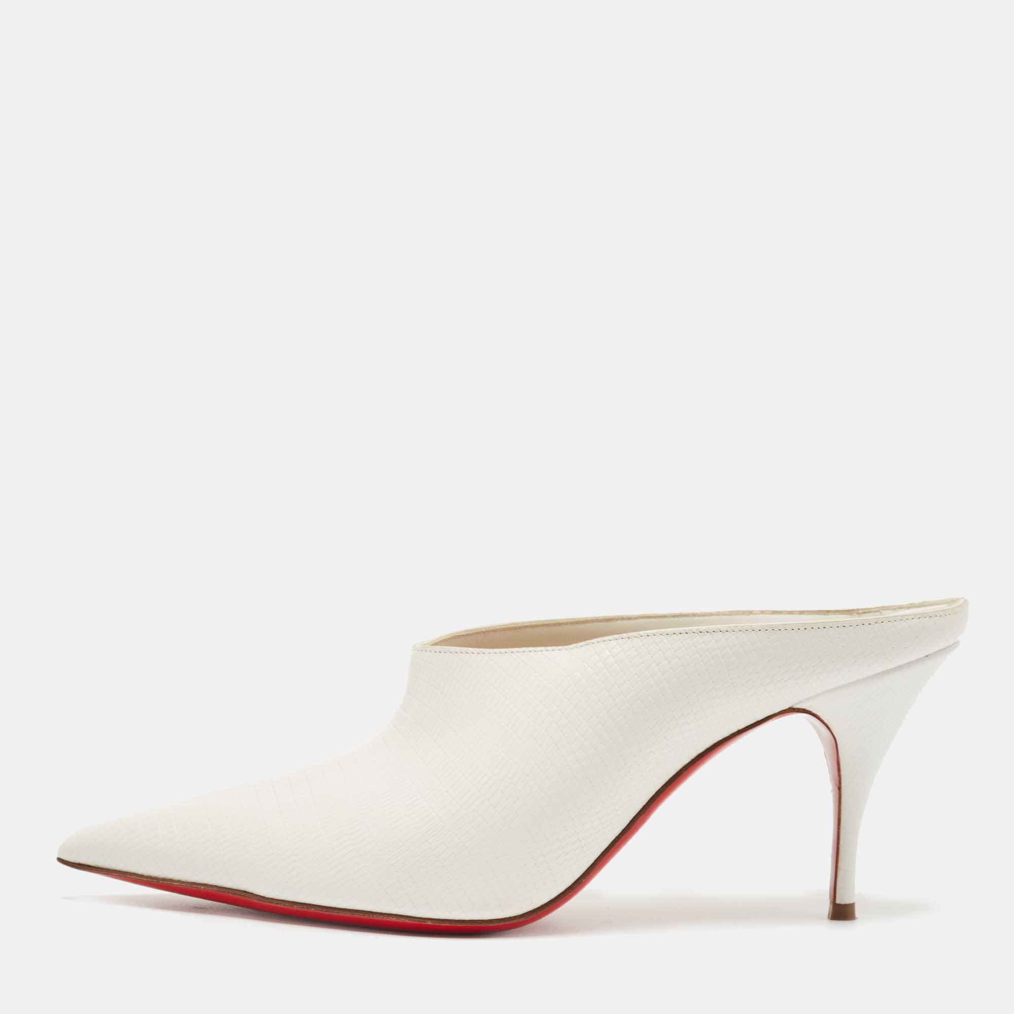 Pre-owned Christian Louboutin White Lizard Embossed Quart Mules Size 37.5