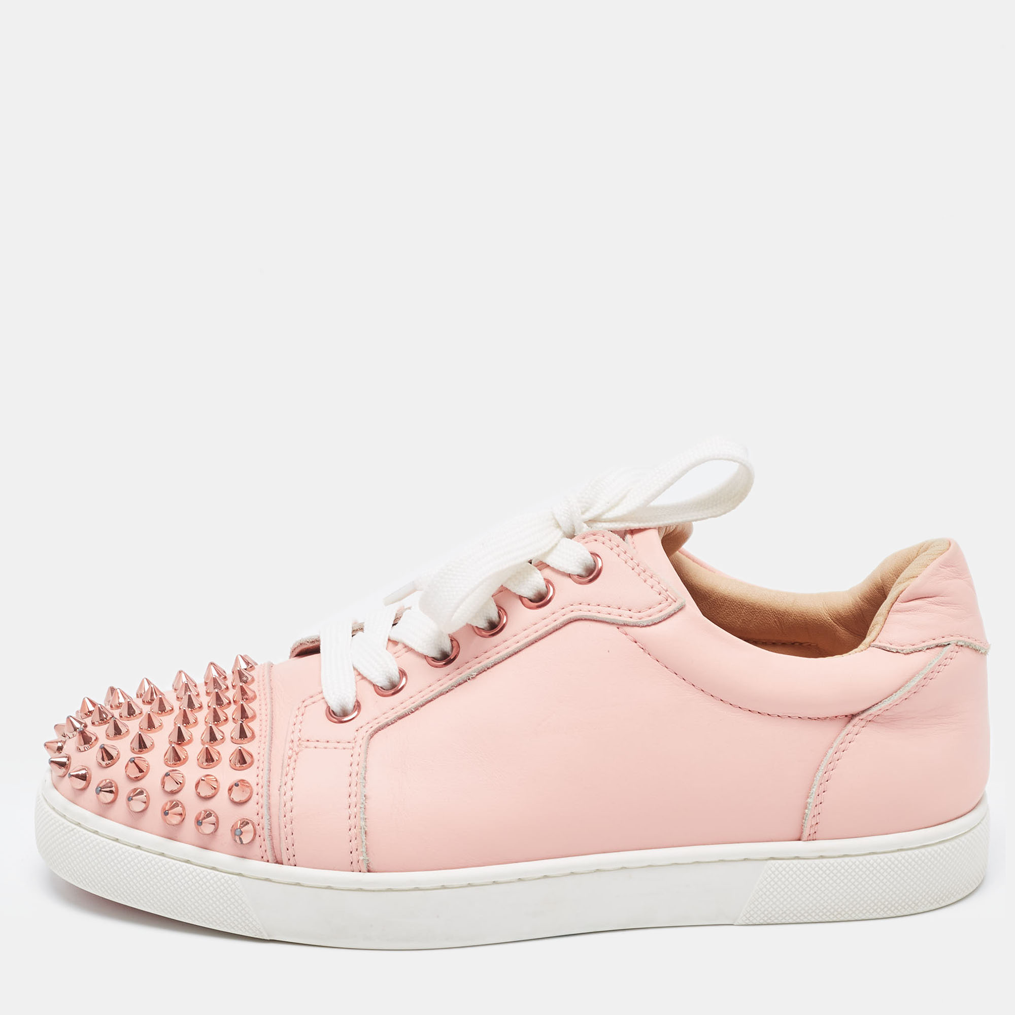 Pre-owned Christian Louboutin Pink Leather Louis Junior Spikes Low Top Sneakers Size 37.5