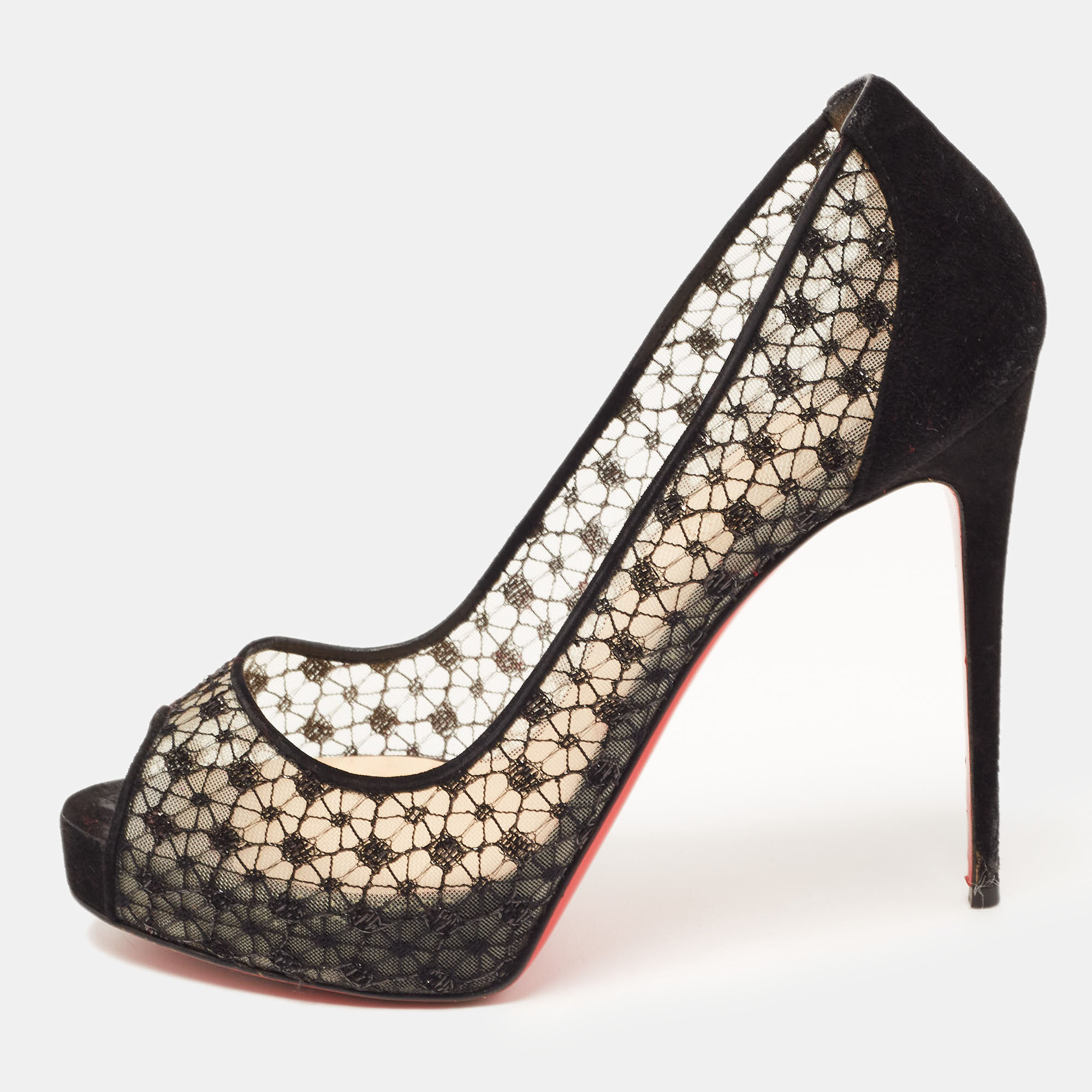 Stride through the day with confidence by adorning this pair of Christian Louboutin pumps. Created from lace and suede its well designed curves will elegantly outline your feet. The 12cm heels of these peep toe shoes will take your fashion sense to new heights.